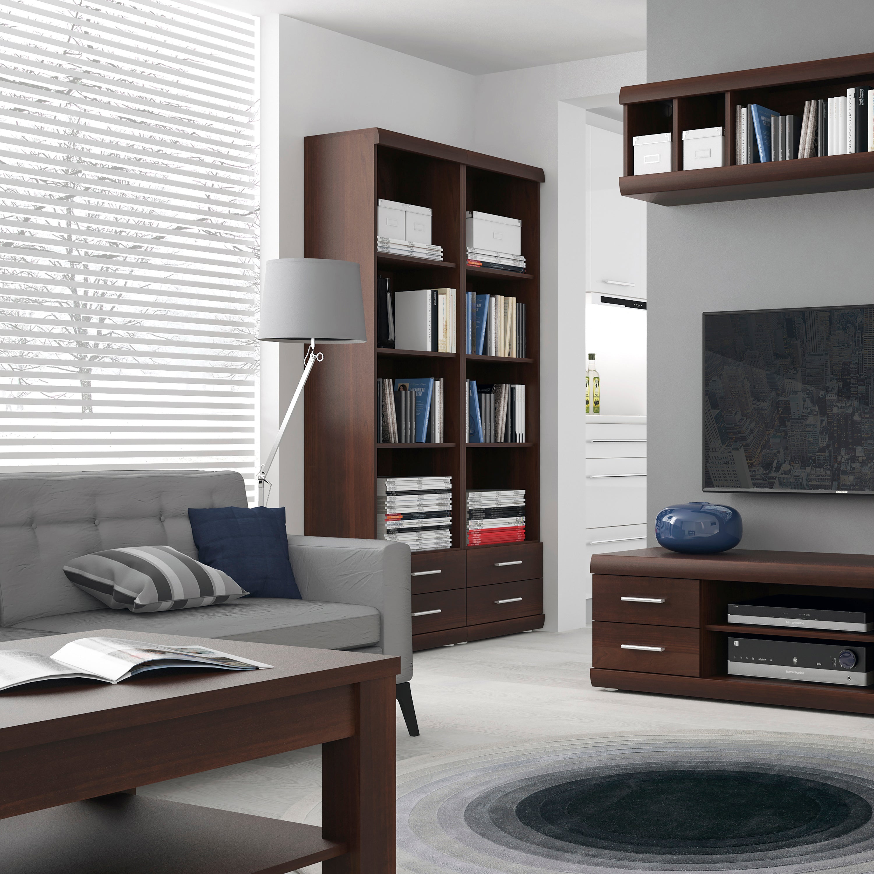 Imperial Tall 2 Drawer Narrow Cabinet with Open Shelving in Dark Mahogany Melamine – FTG, view 4
