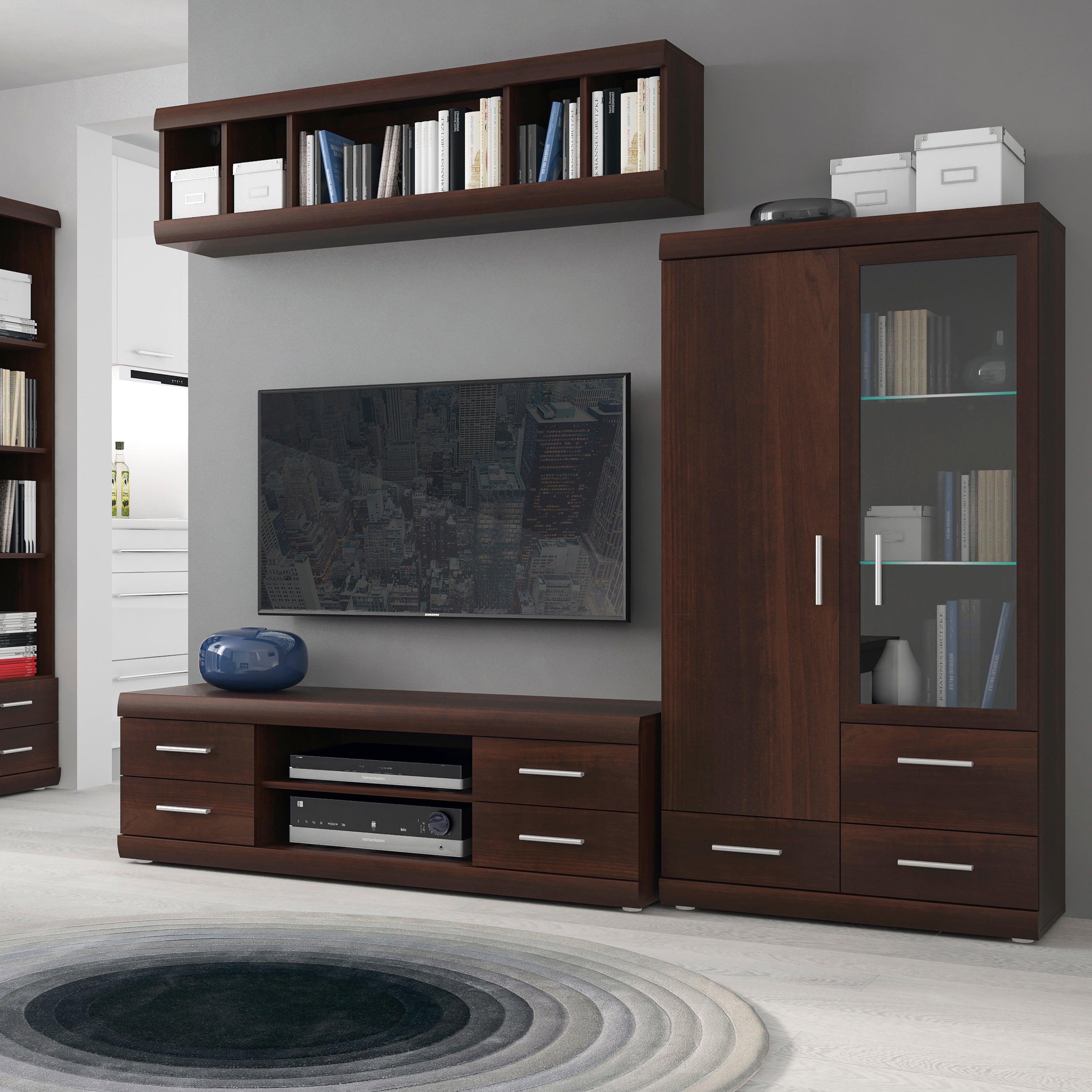 Imperial 2 Door 3 Drawer Glazed Display Cabinet in Dark Mahogany Melamine – FTG, view 4