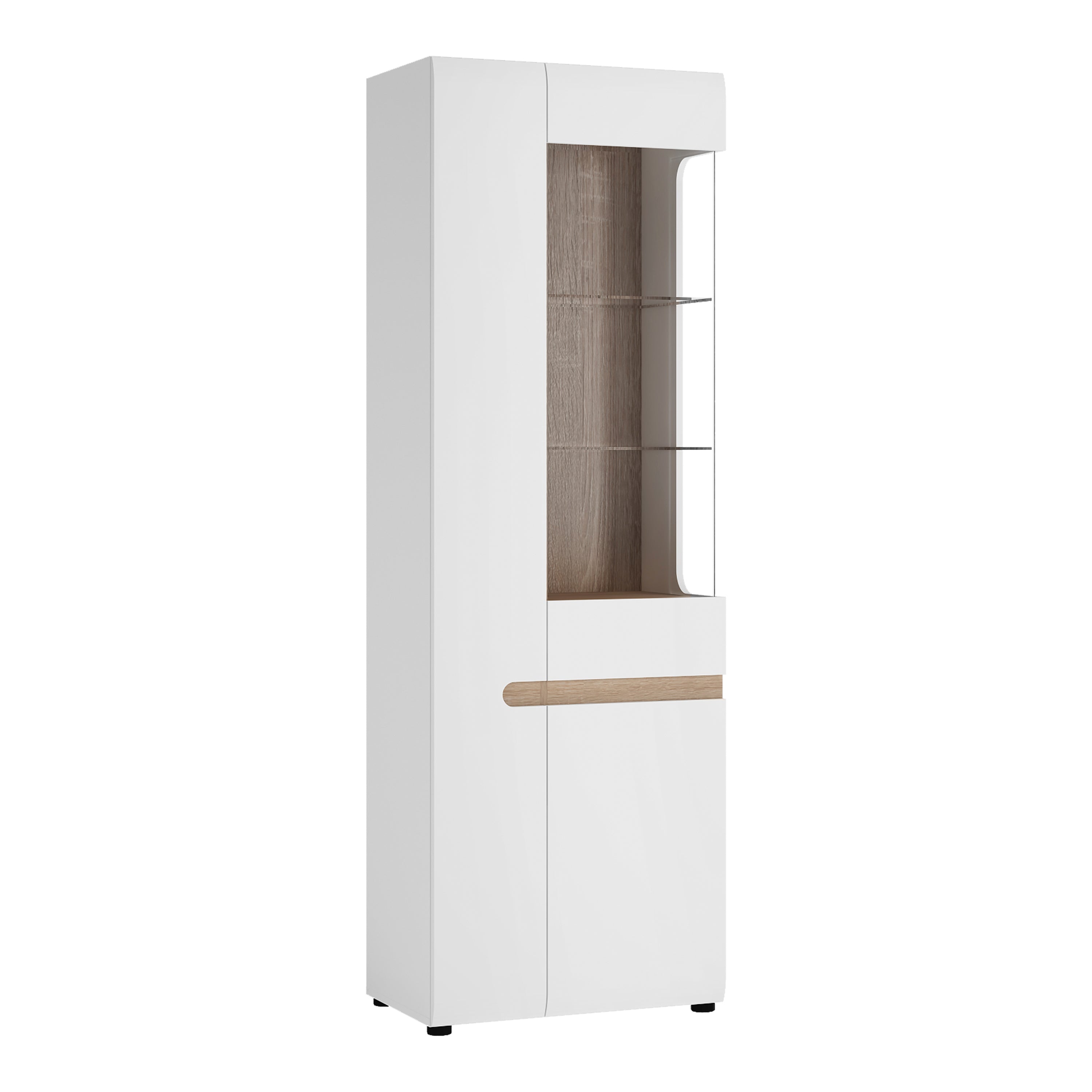 Chelsea Living Tall Glazed Narrow Display Unit (LHD) in White with a Truffle Oak Trim – FTG