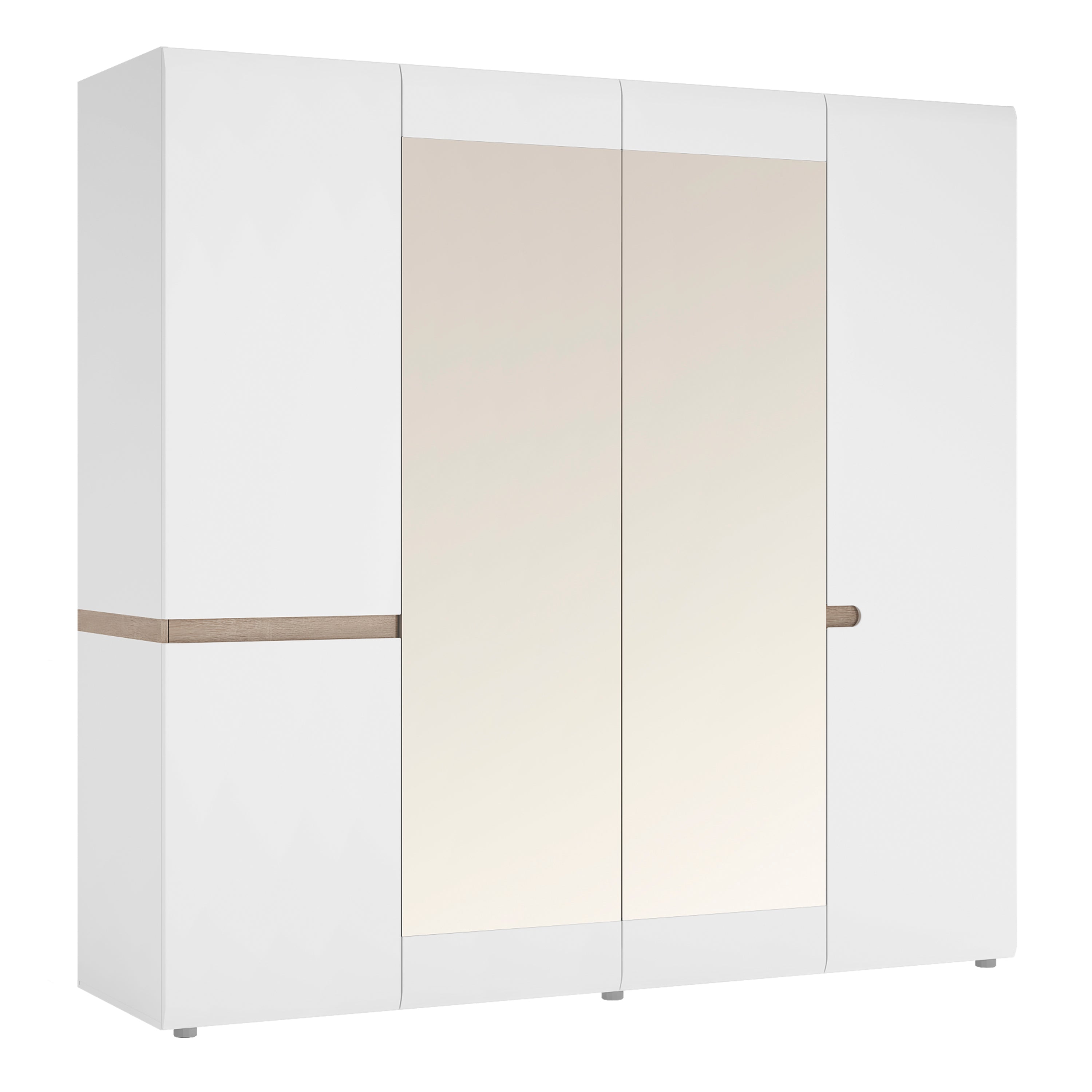 Chelsea Bedroom 4 Door Wardrobe with Mirrors in White with a Truffle Oak Trim – FTG