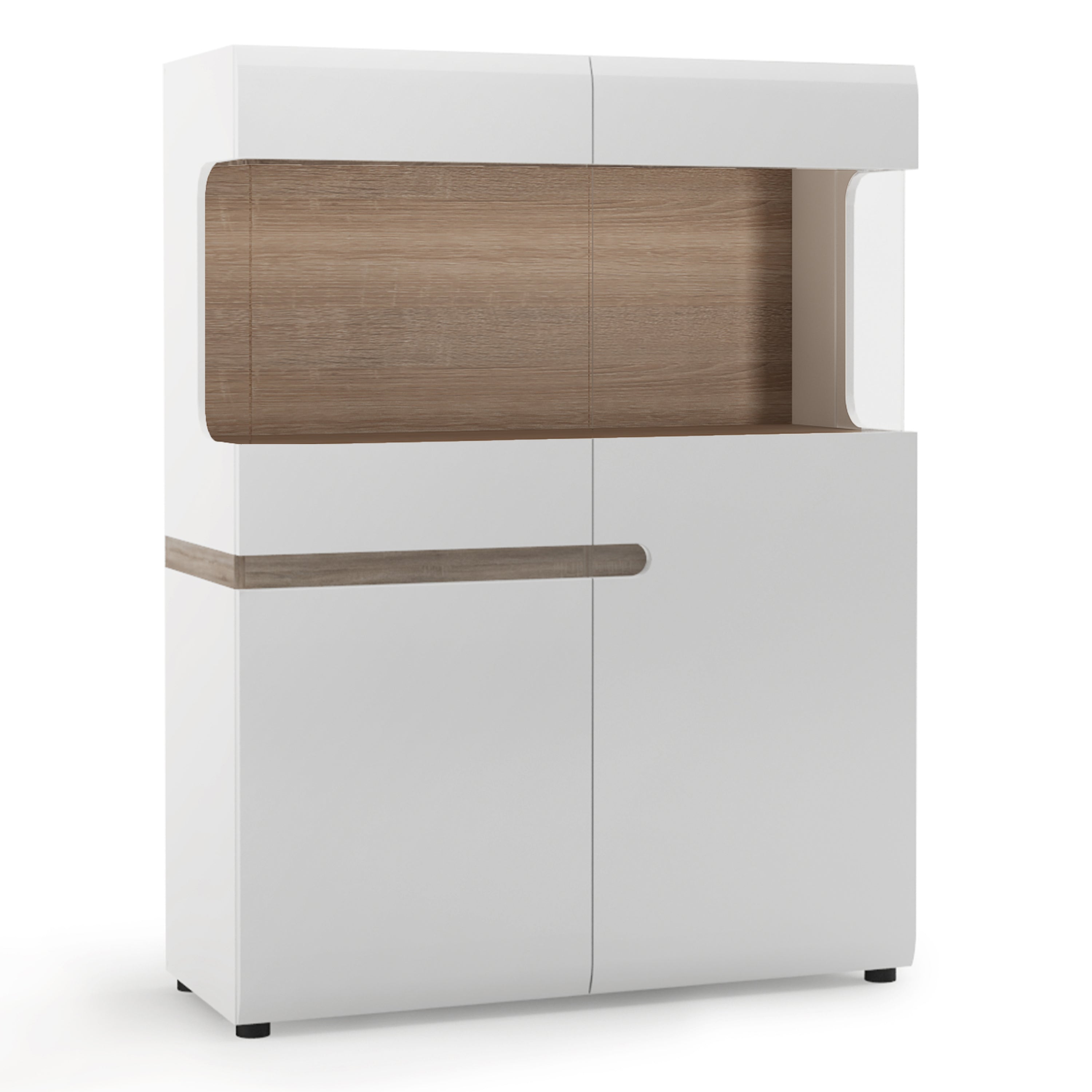 Chelsea Living Low Display Cabinet 109cm Wide in White with a Truffle Oak Trim – FTG