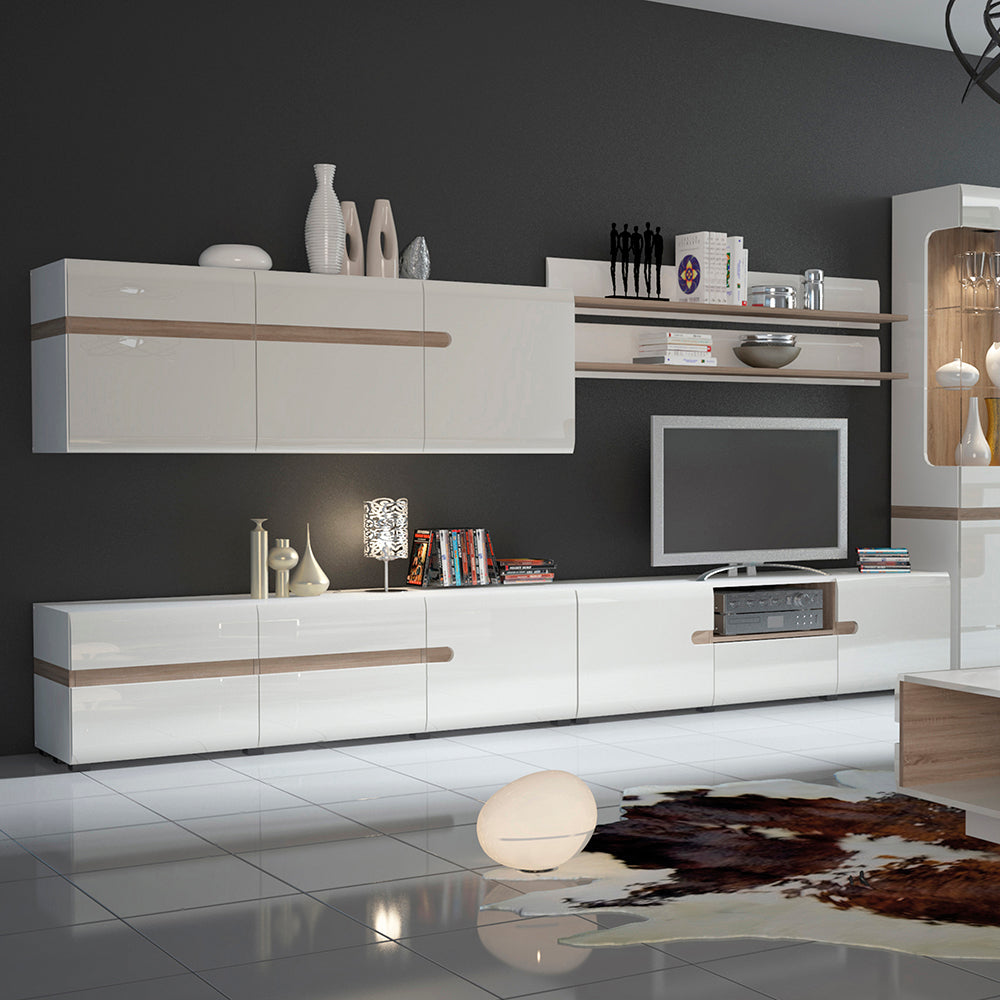 Chelsea Living Wide TV Unit in White with a Truffle Oak Trim – FTG, view 5
