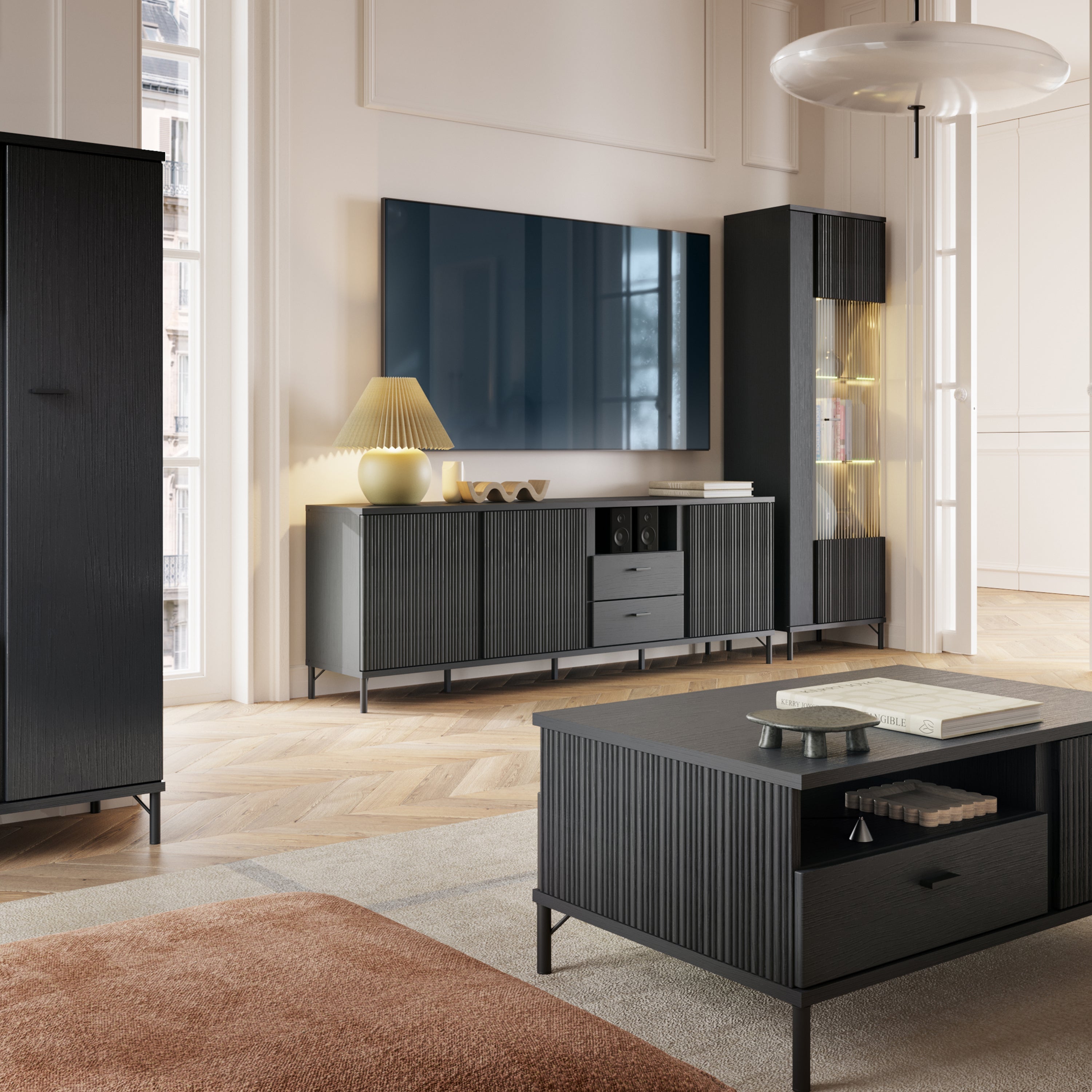 Lusaka TV Cabinet 3 Door 2 Drawer in Black Graphite – FTG, view 4