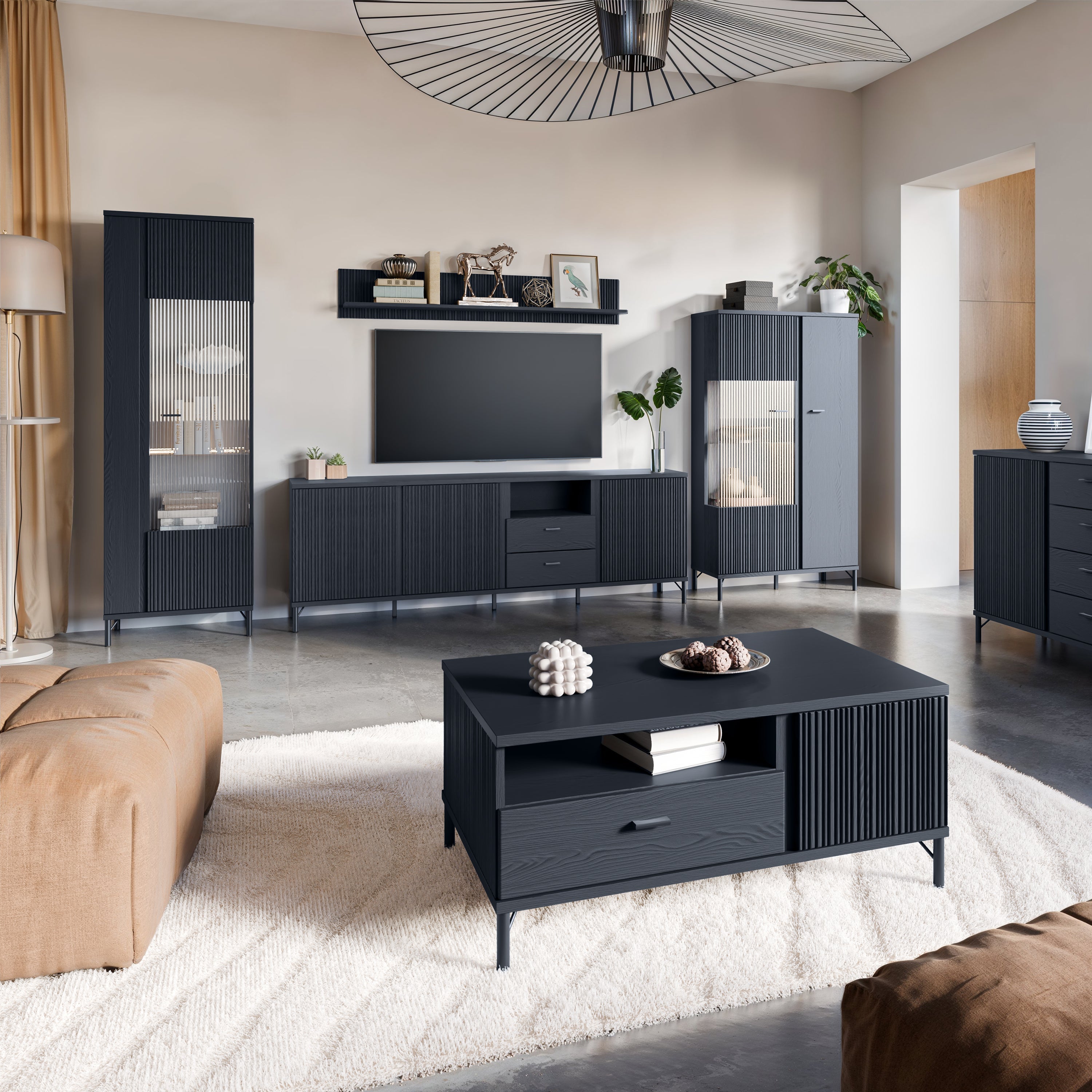 Lusaka TV Cabinet 3 Door 2 Drawer in Black Graphite – FTG, view 5