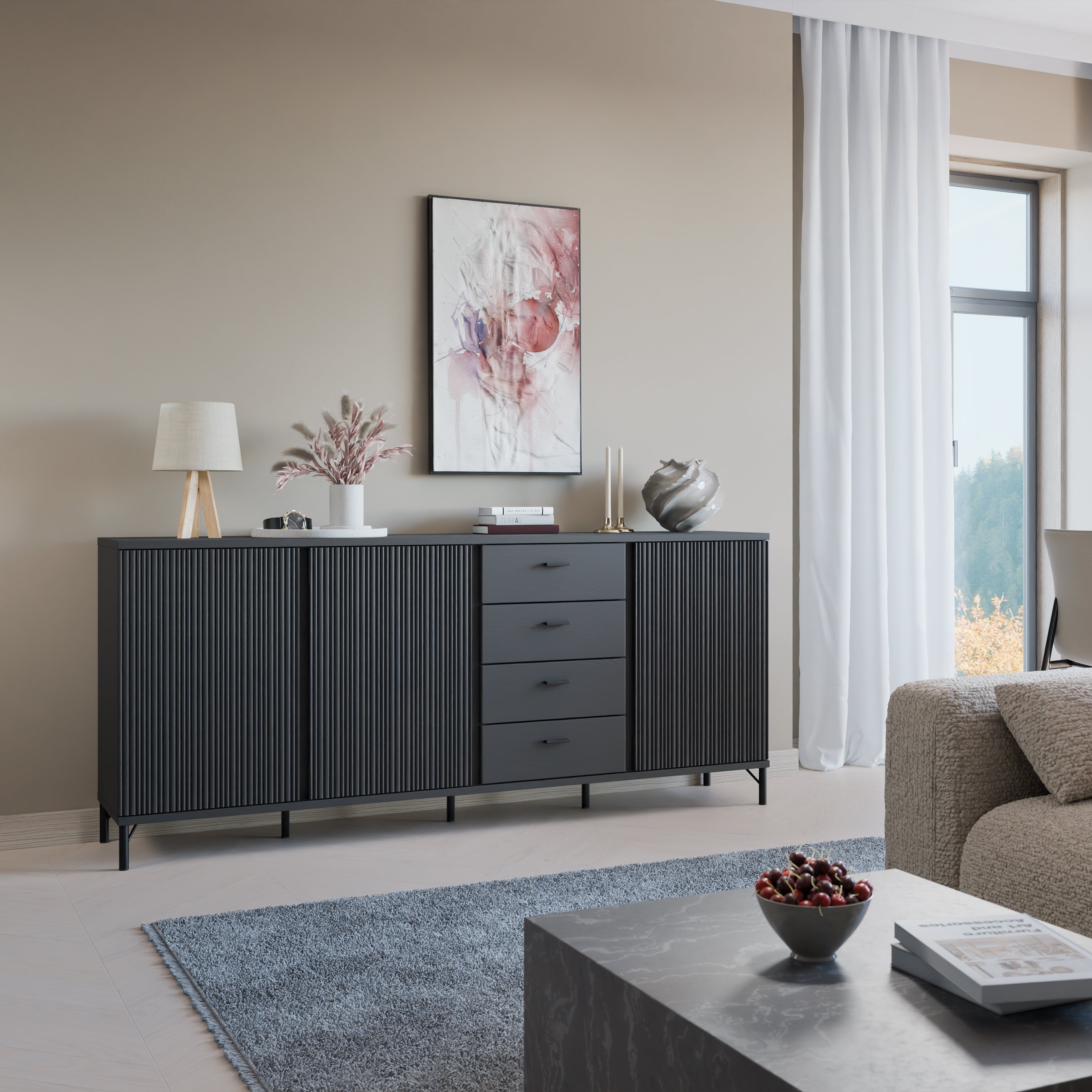 Lusaka Sideboard 3 Door 4 Drawer in Black Graphite – FTG, view 4
