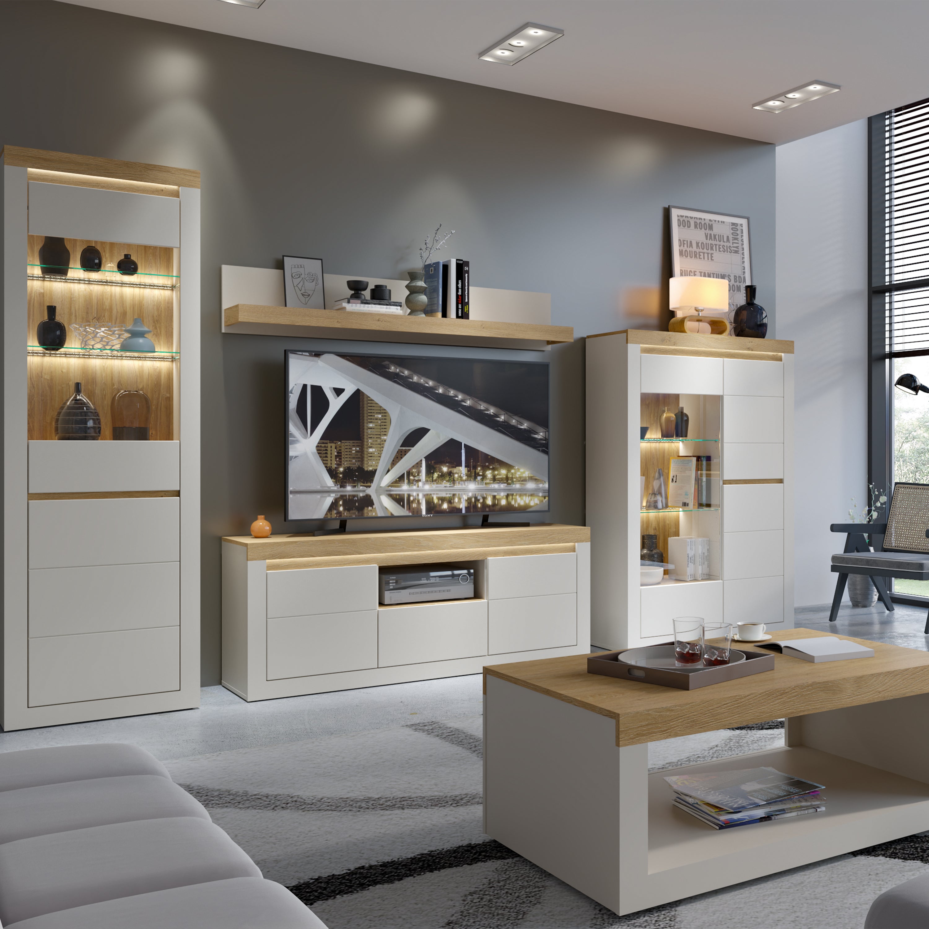 Naxxar Wall Shelf 154 cm in Cashmere and Stone Oak