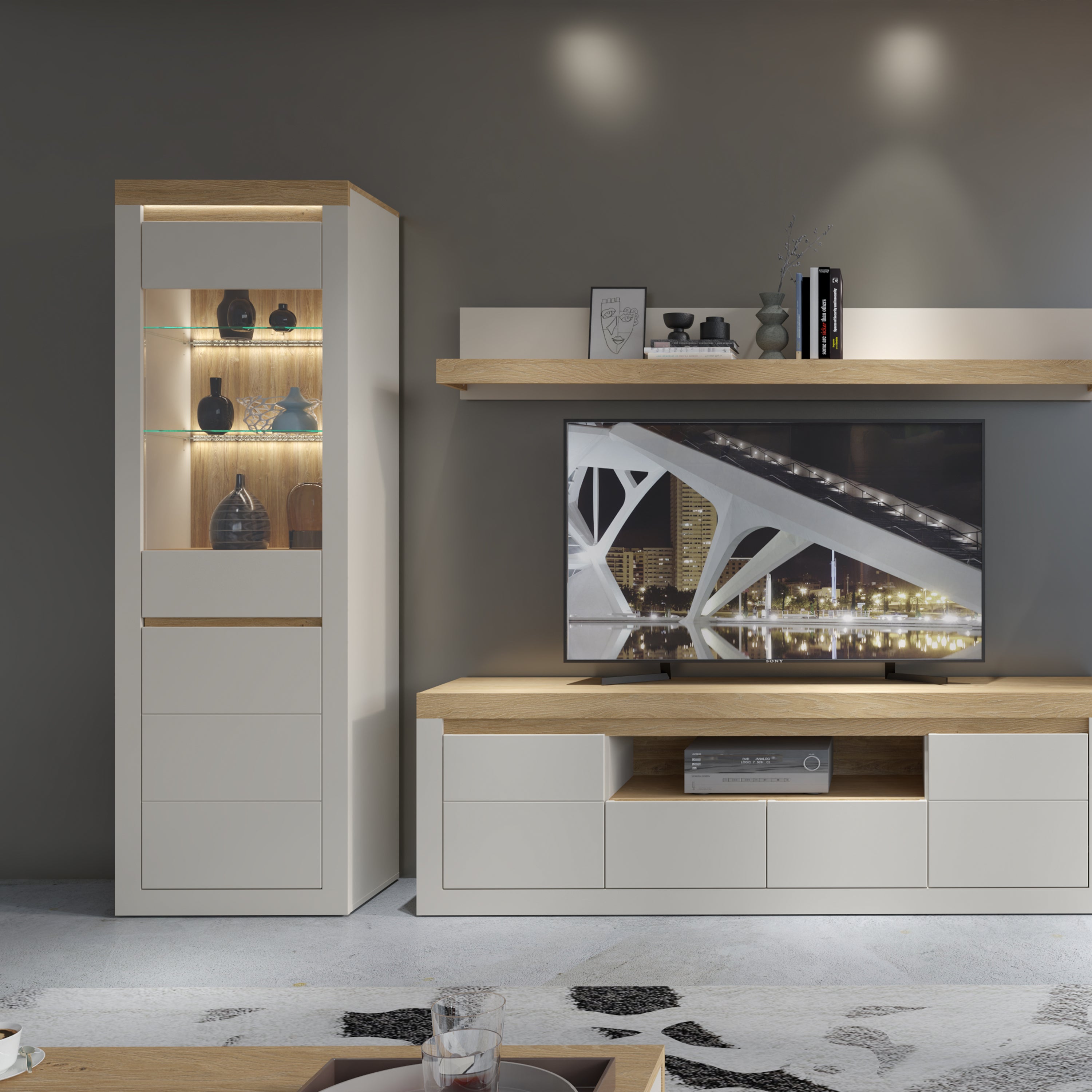Naxxar Tall Display Cabinet with 1 Door in Cashmere and Stone Oak