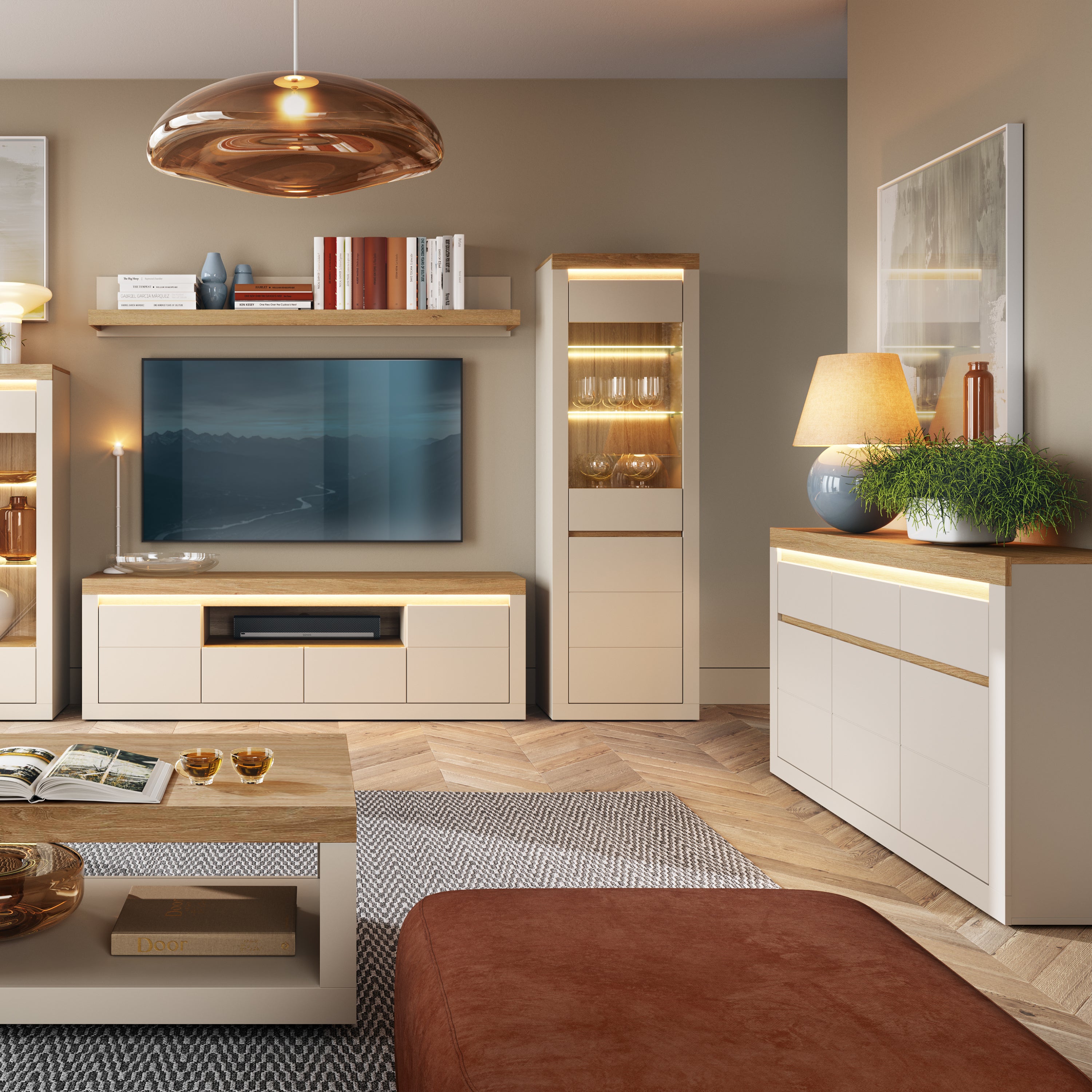 Naxxar Tall Display Cabinet with 1 Door in Cashmere and Stone Oak