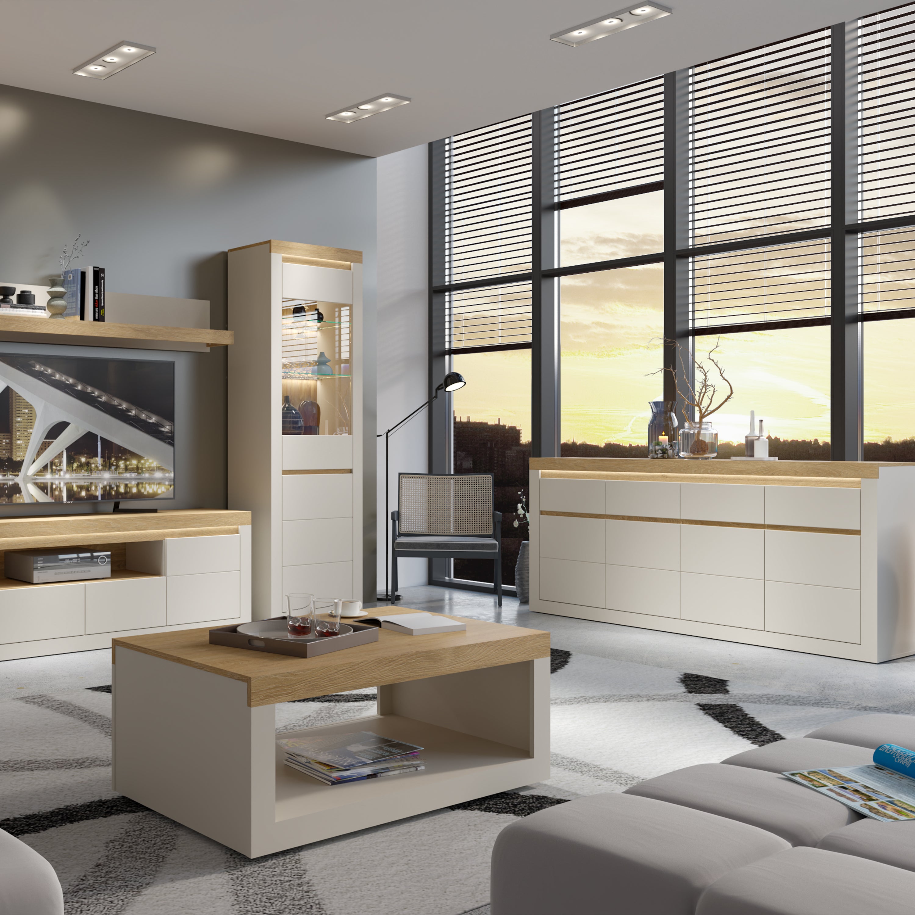 Naxxar Tall Display Cabinet with 1 Door in Cashmere and Stone Oak