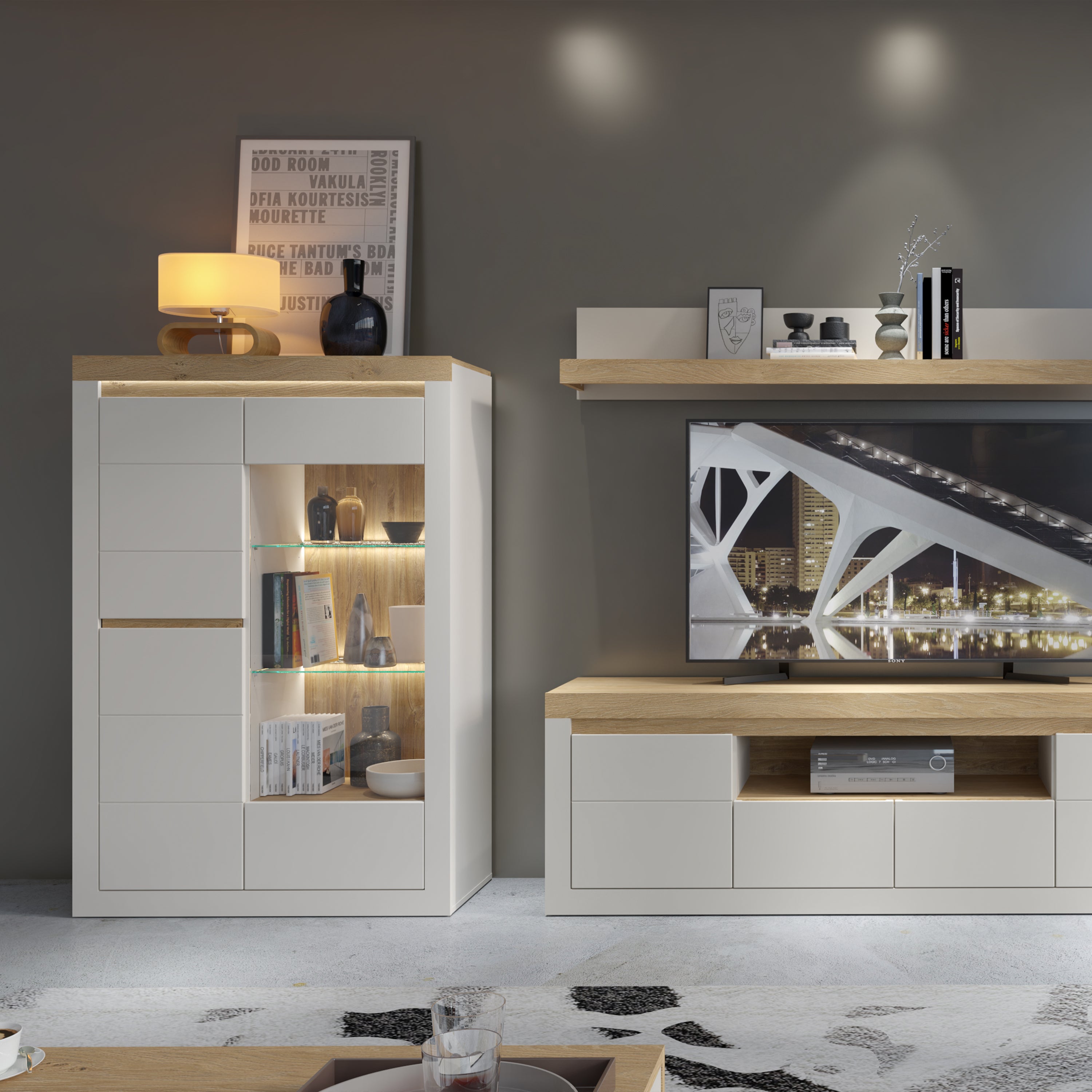 Naxxar Display Cabinet with 2 Doors (LH) in Cashmere and Stone Oak