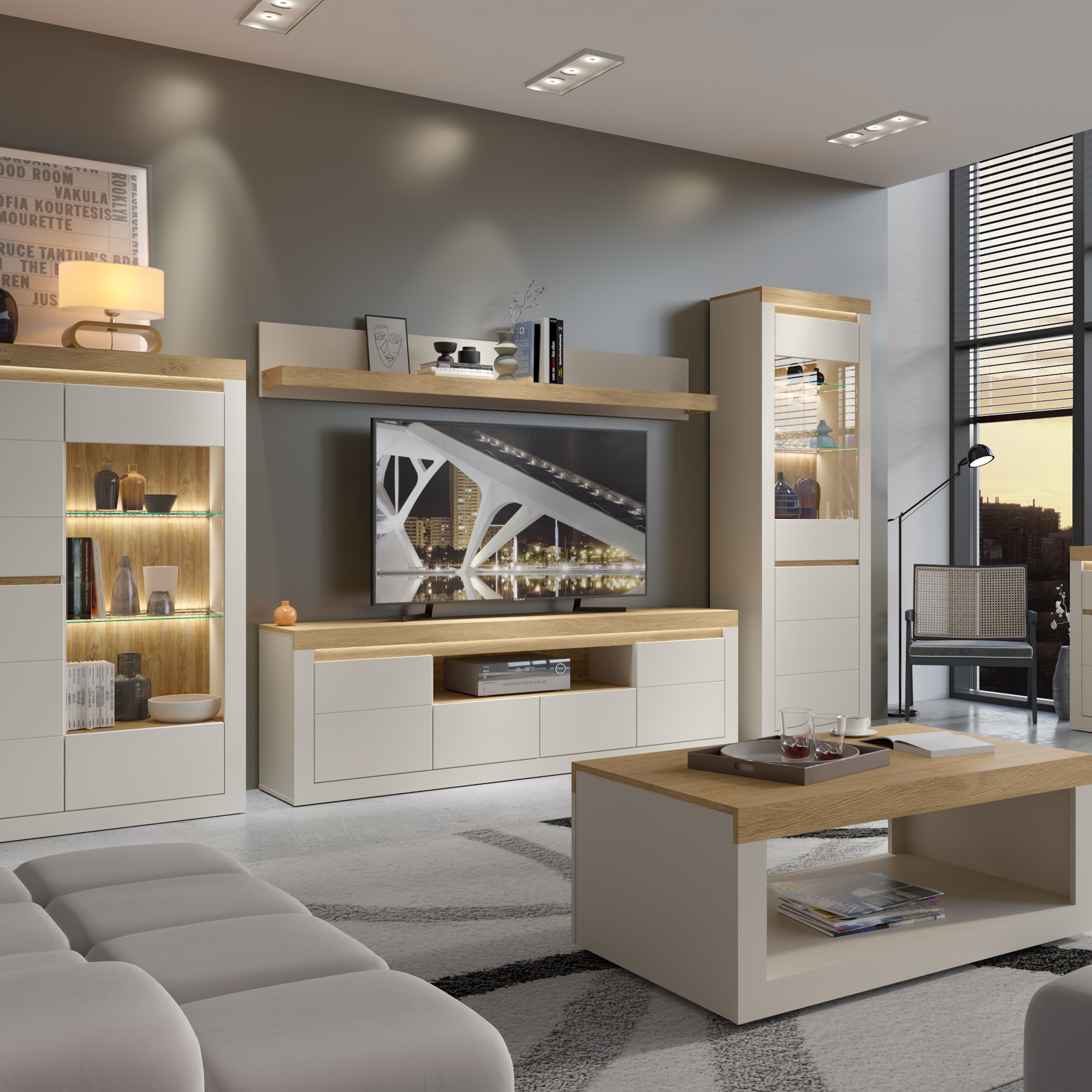 Naxxar Wall Shelf 194 cm in Cashmere and Stone Oak