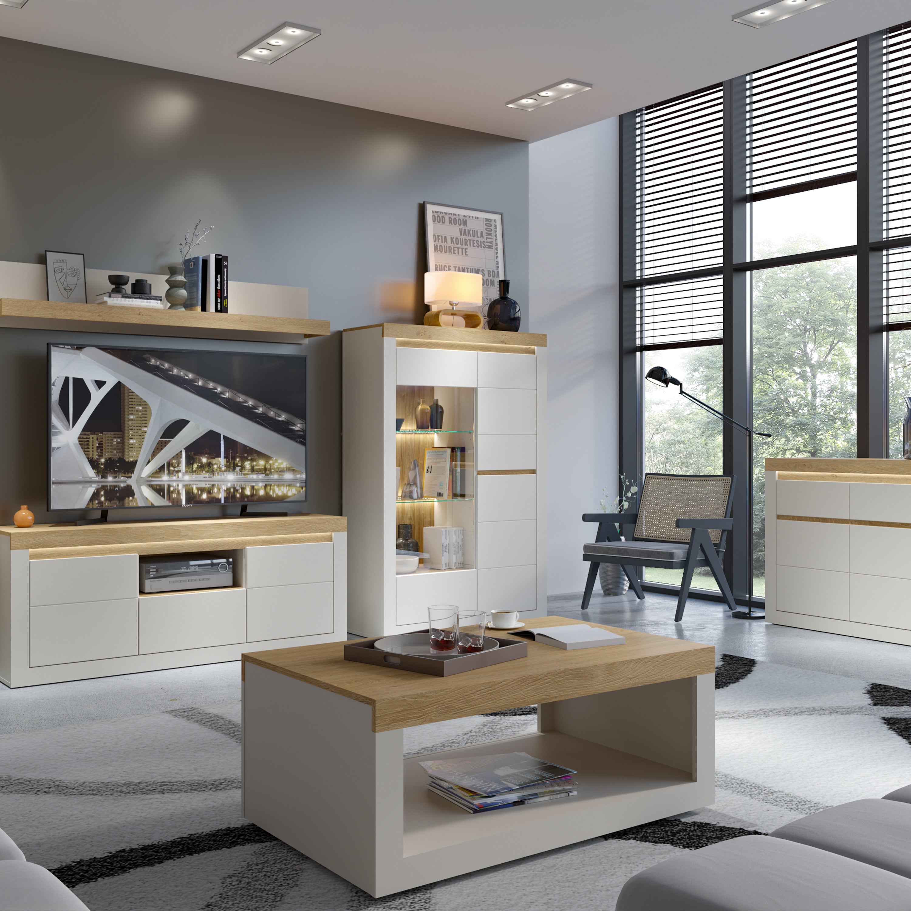 Naxxar Display Cabinet with 2 Doors (RH) in Cashmere and Stone Oak