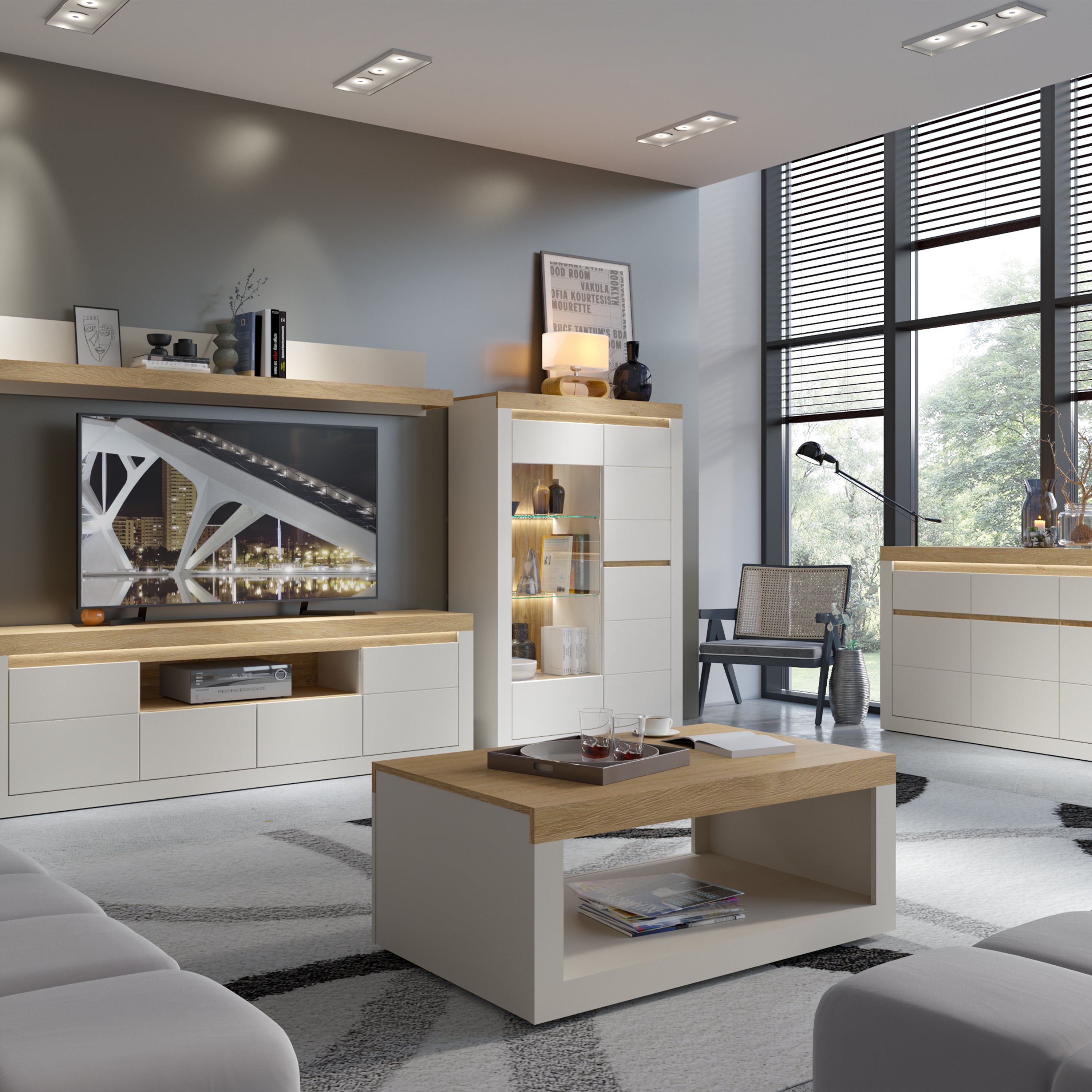 Naxxar Display Cabinet with 2 Doors (RH) in Cashmere and Stone Oak