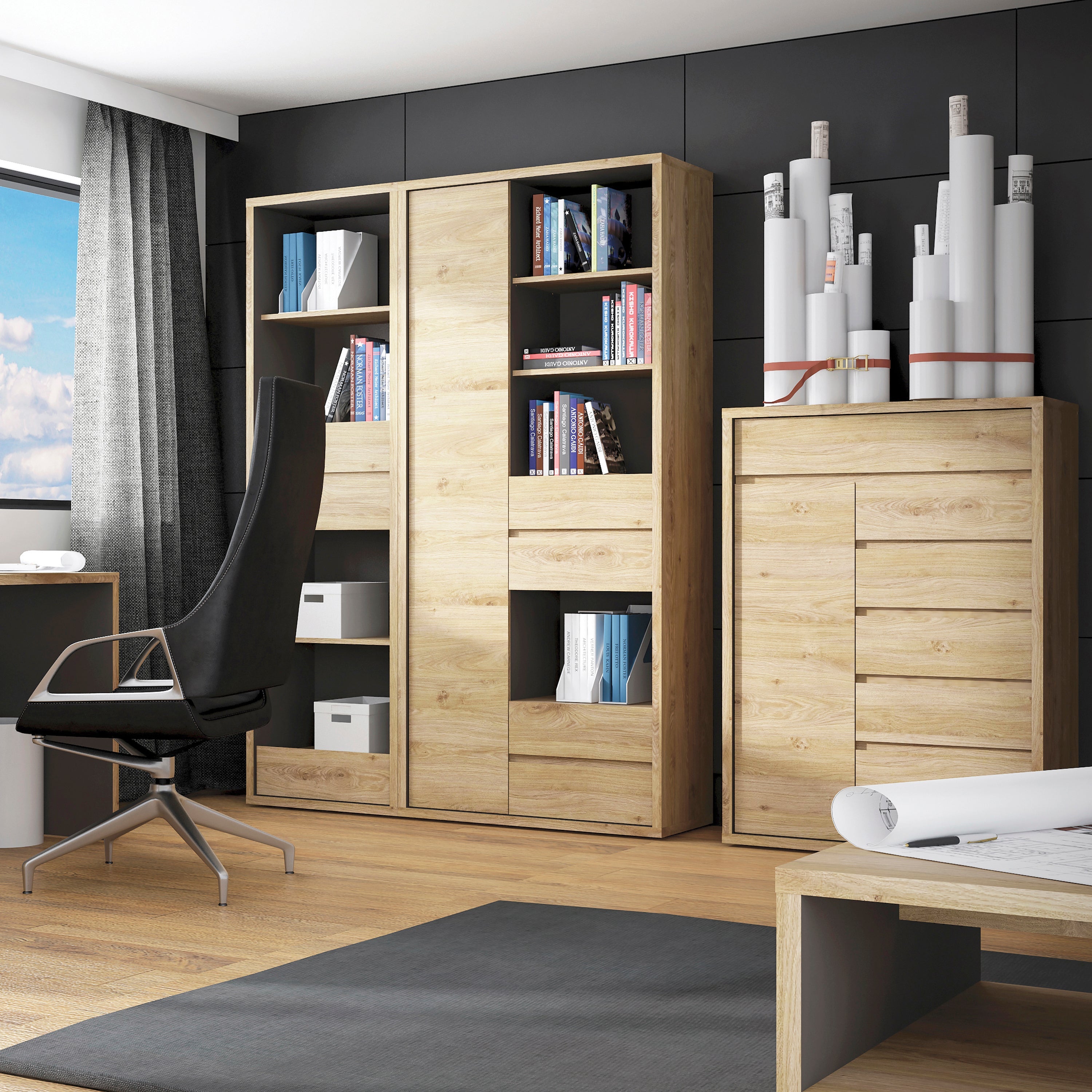 Shetland Tall Narrow 3 Drawer Bookcase – FTG, view 4