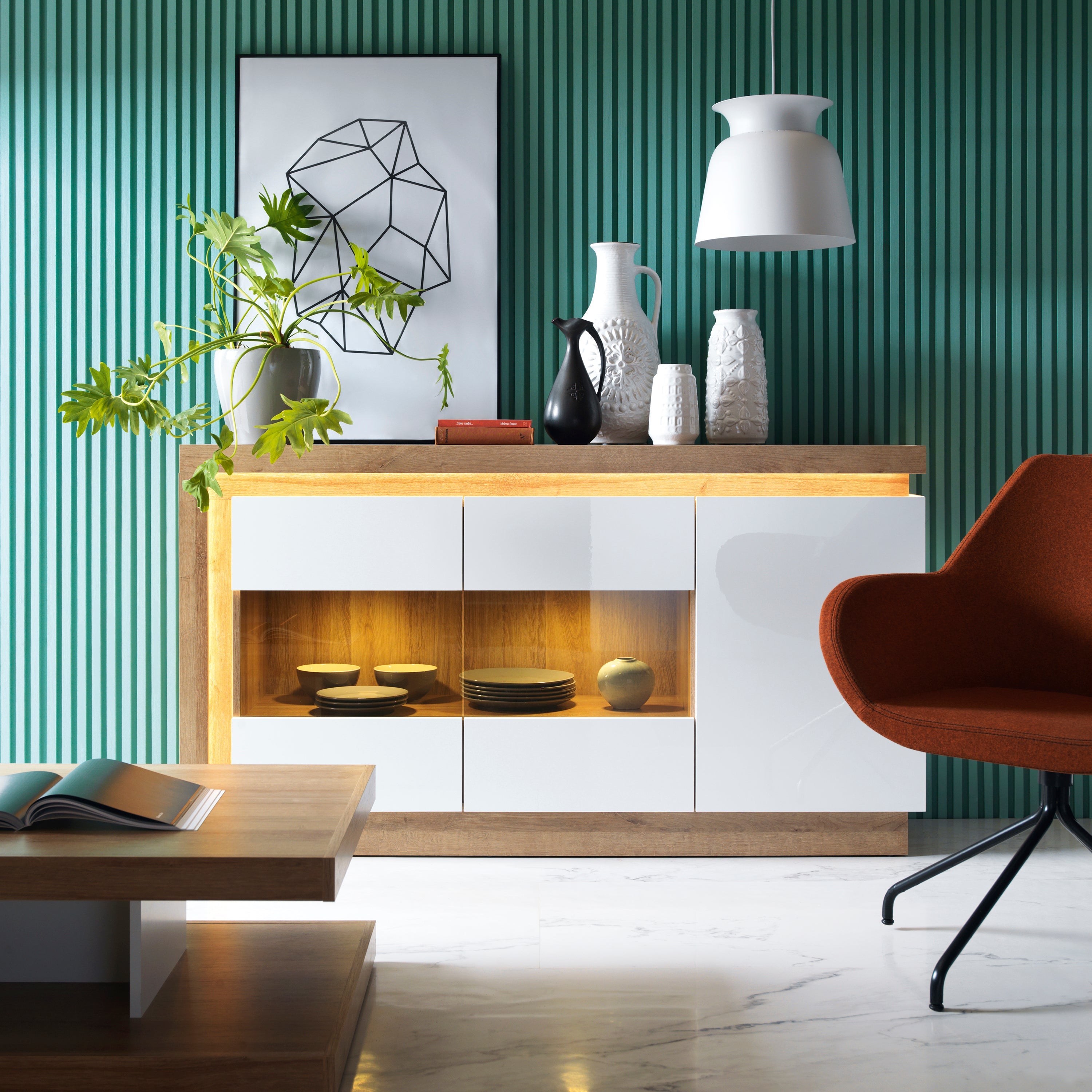 Lyon 3 Door Glazed Sideboard in Riviera Oak/White High Gloss – FTG, view 3