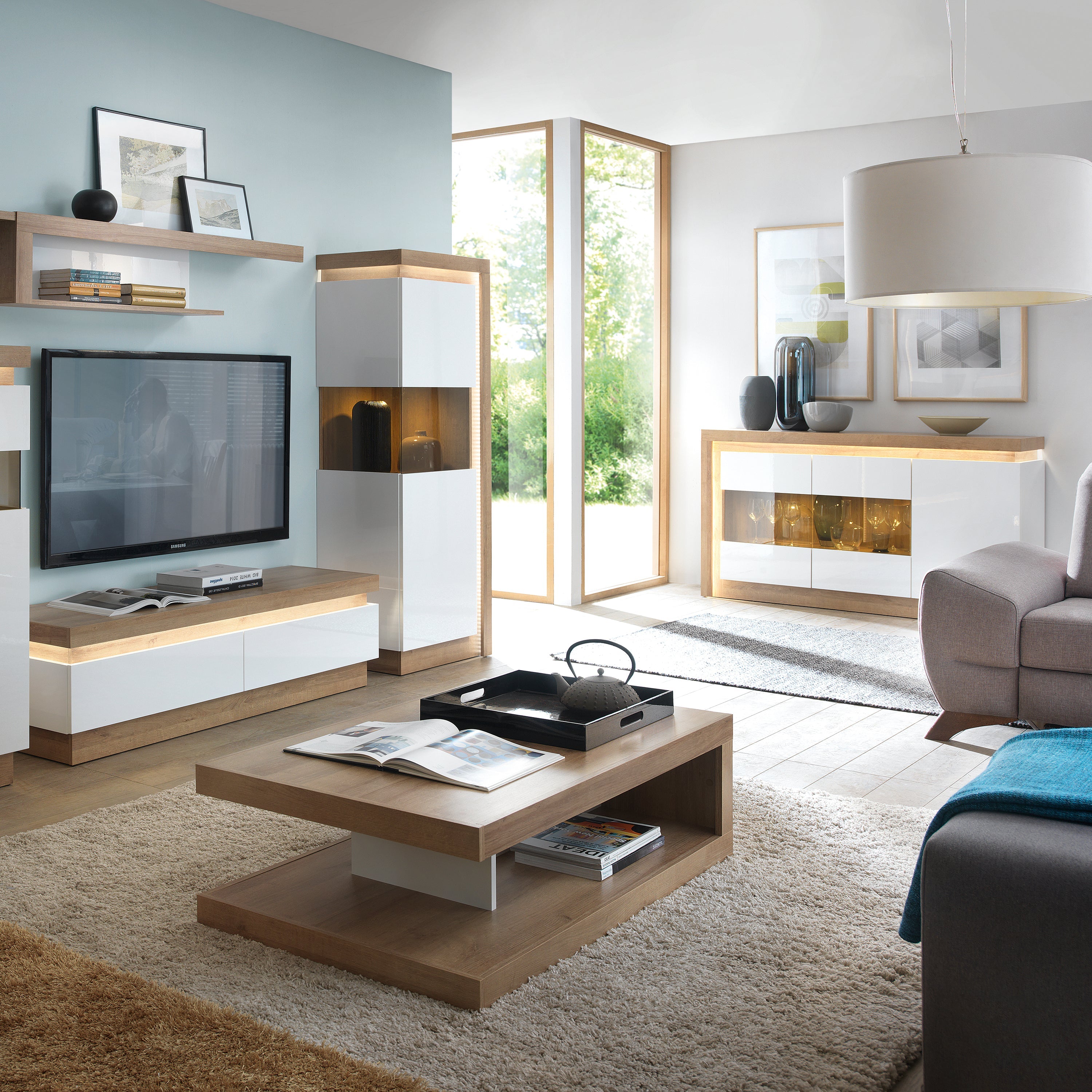 Lyon 3 Door Glazed Sideboard in Riviera Oak/White High Gloss – FTG, view 4