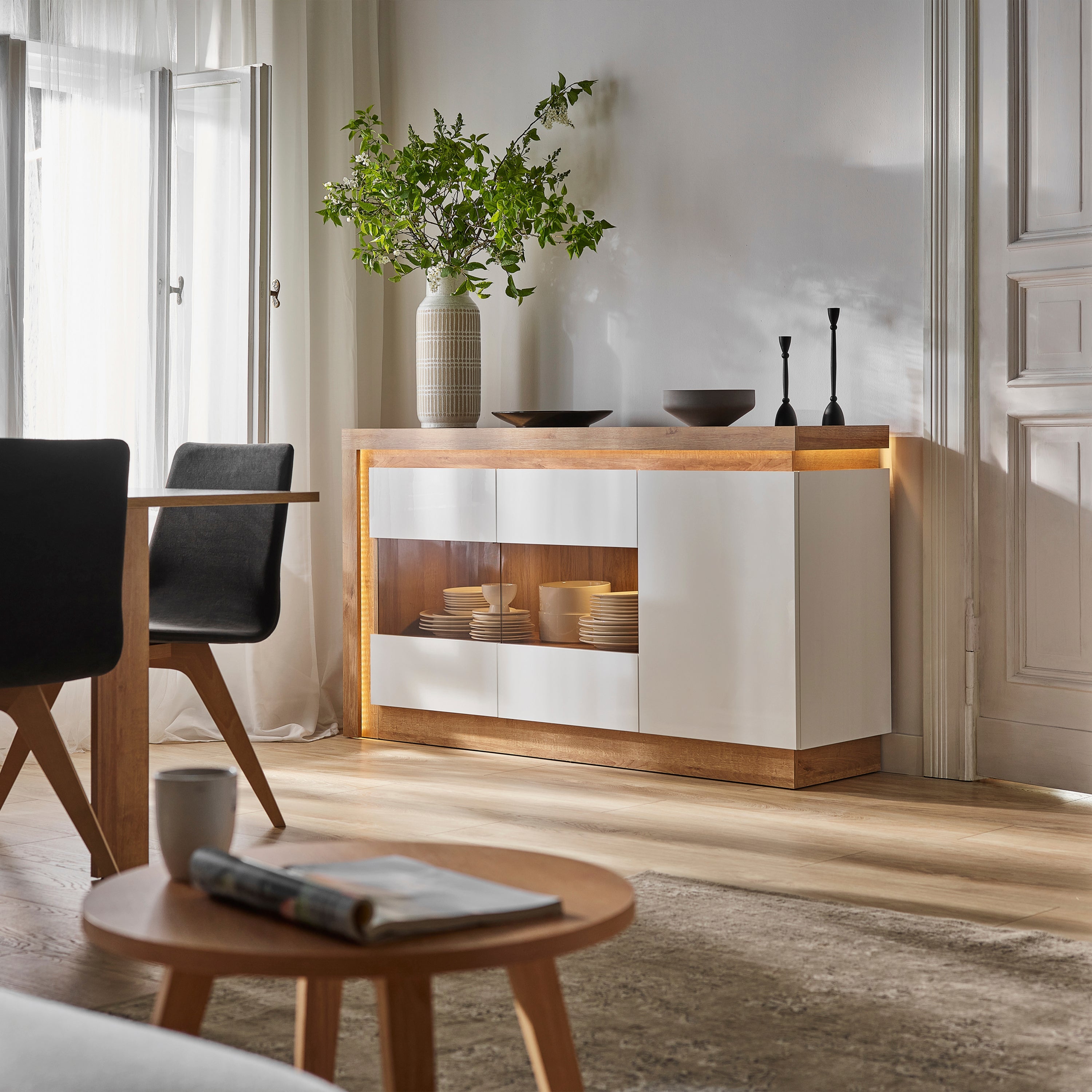Lyon 3 Door Glazed Sideboard in Riviera Oak/White High Gloss – FTG, view 5