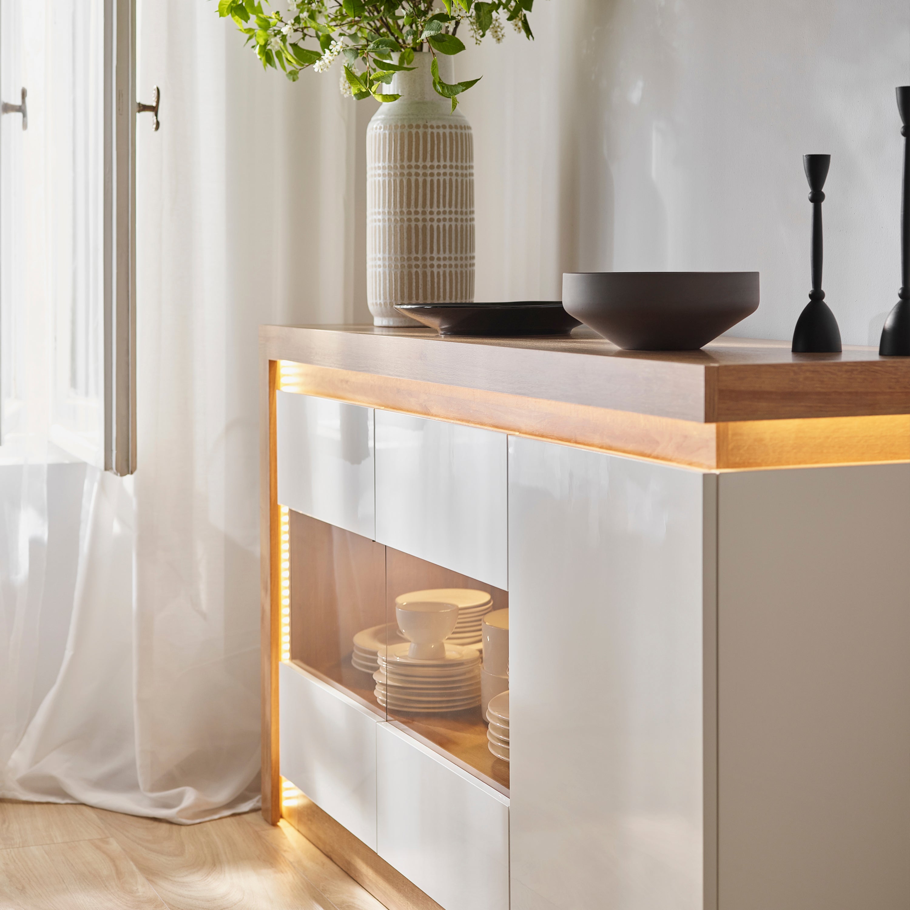 Lyon 3 Door Glazed Sideboard in Riviera Oak/White High Gloss – FTG, view 6
