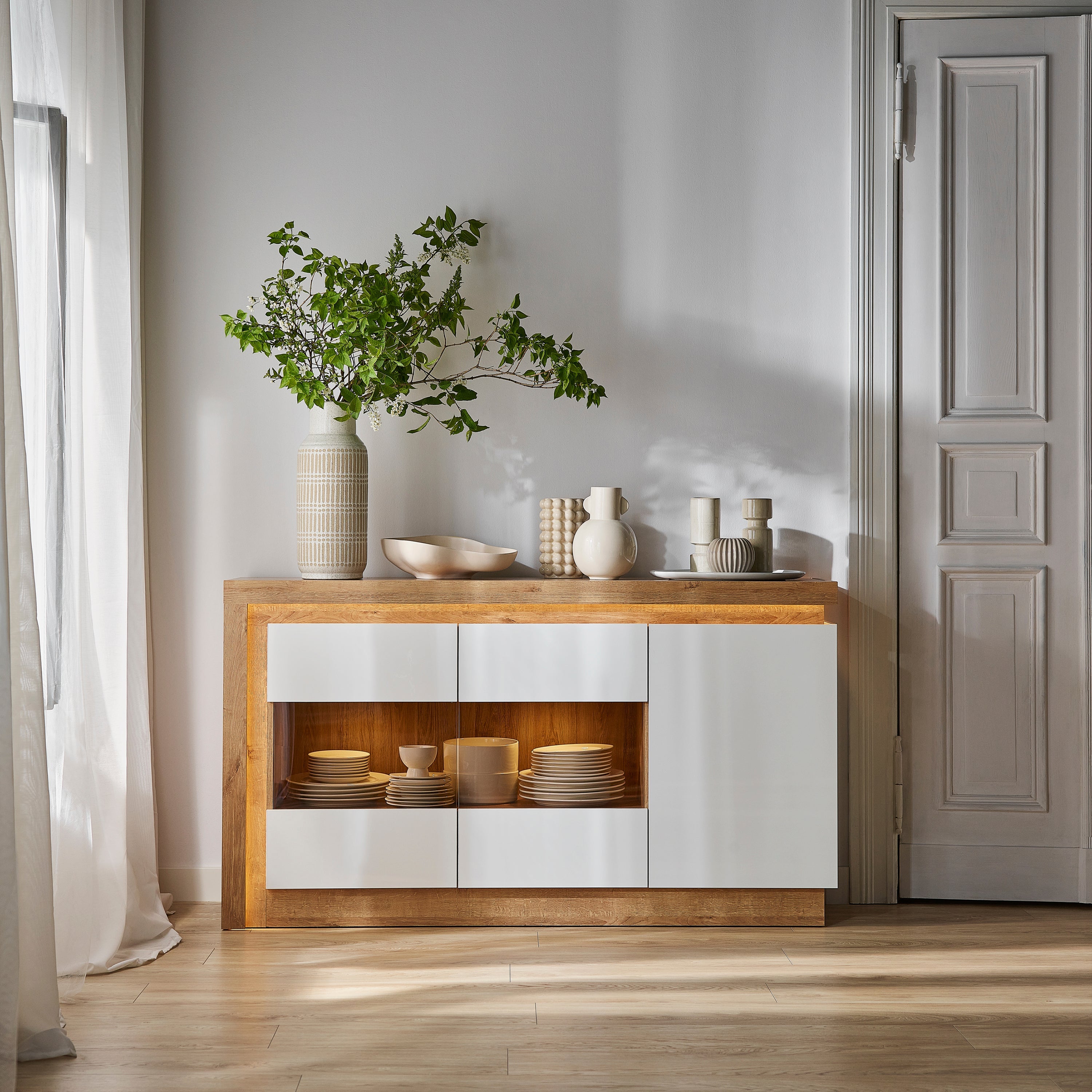 Lyon 3 Door Glazed Sideboard in Riviera Oak/White High Gloss – FTG, view 8