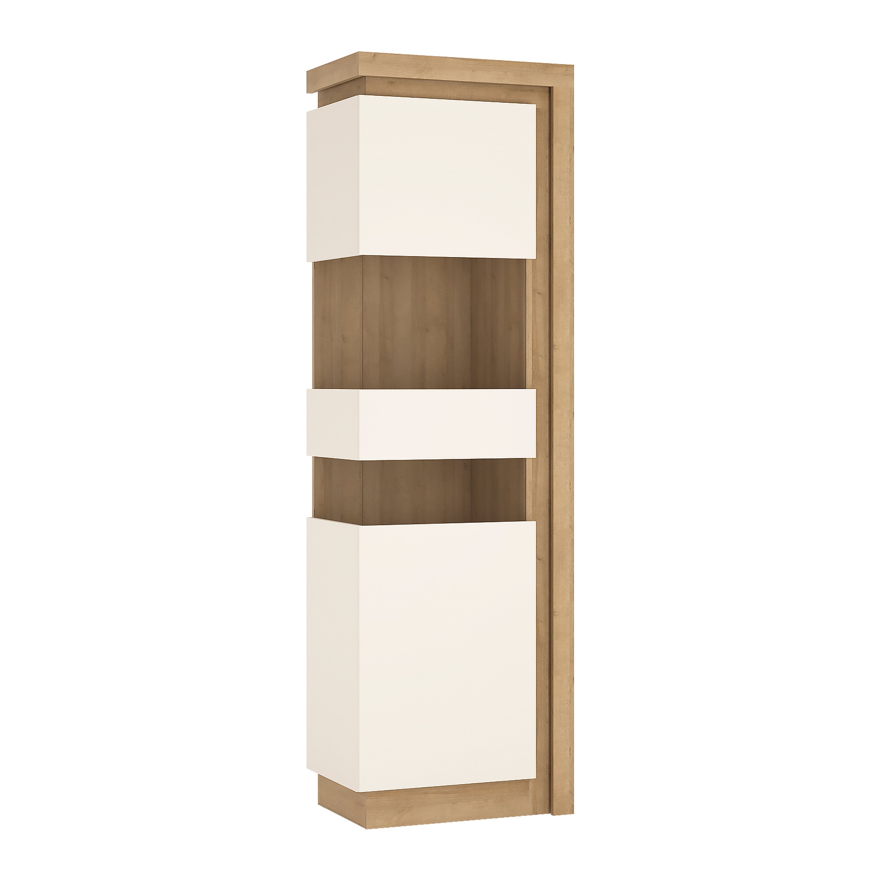 Lyon Tall Narrow Display Cabinet (LHD) in Riviera Oak/White High Gloss – FTG