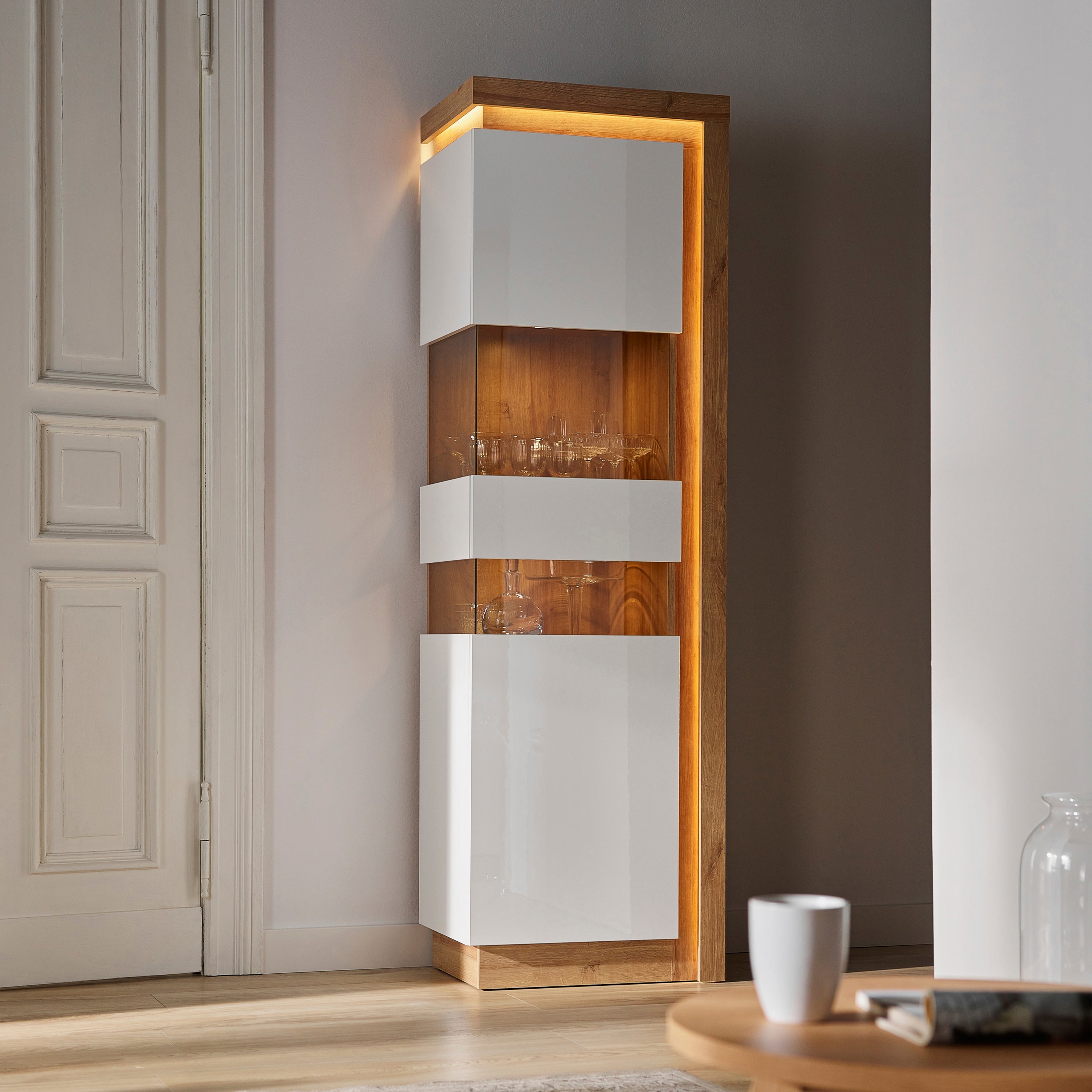 Lyon Tall Narrow Display Cabinet (LHD) in Riviera Oak/White High Gloss – FTG, view 6