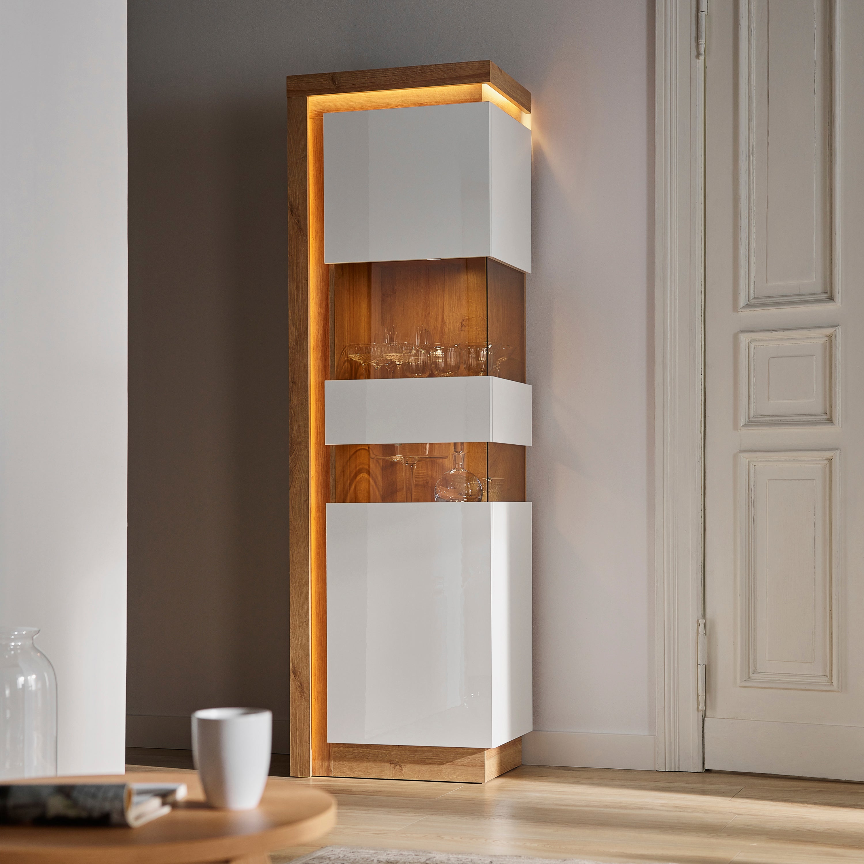 Lyon Tall Narrow Display Cabinet (RHD) in Riviera Oak/White High Gloss – FTG, view 5
