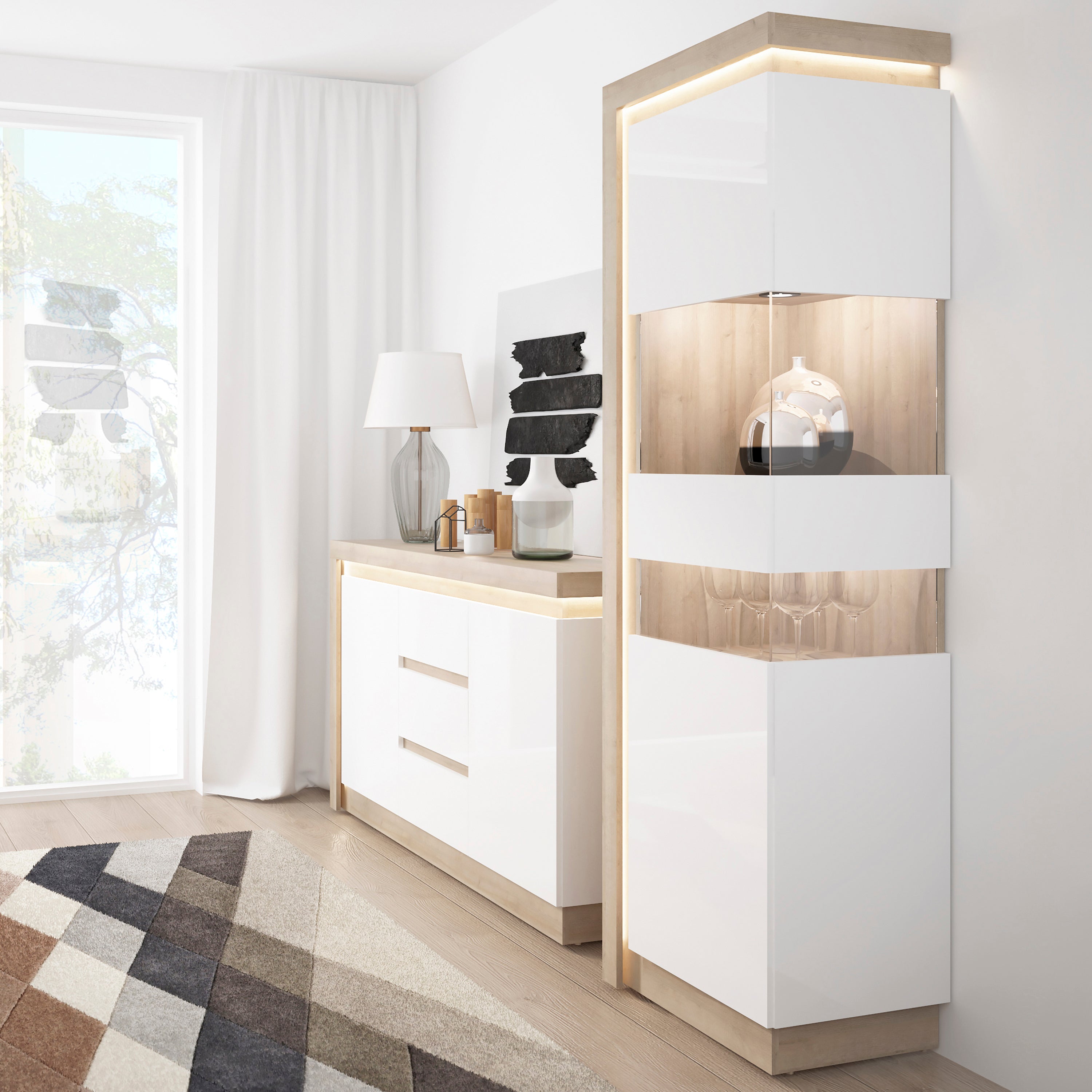 Lyon Tall Narrow Display Cabinet (RHD) in Riviera Oak/White High Gloss – FTG, view 6
