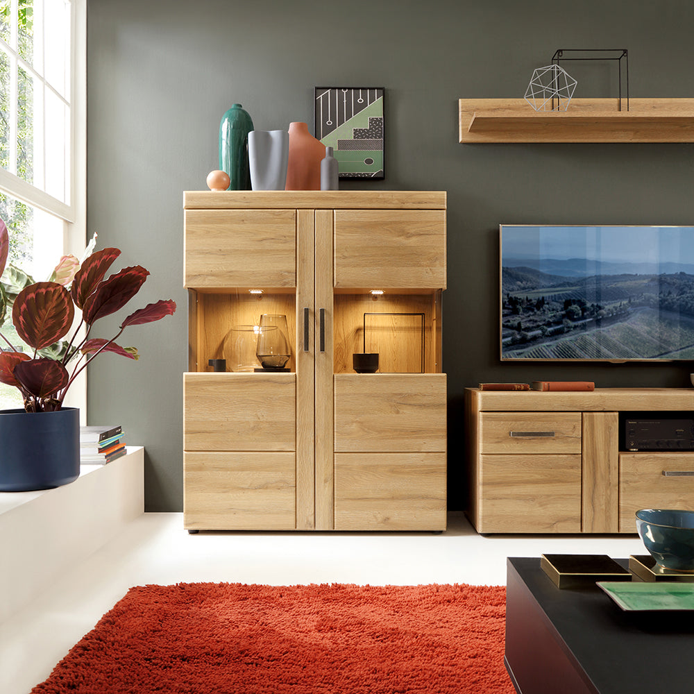 Cortina Low Wide 2 Door Display Cabinet in Grandson Oak – FTG, view 5