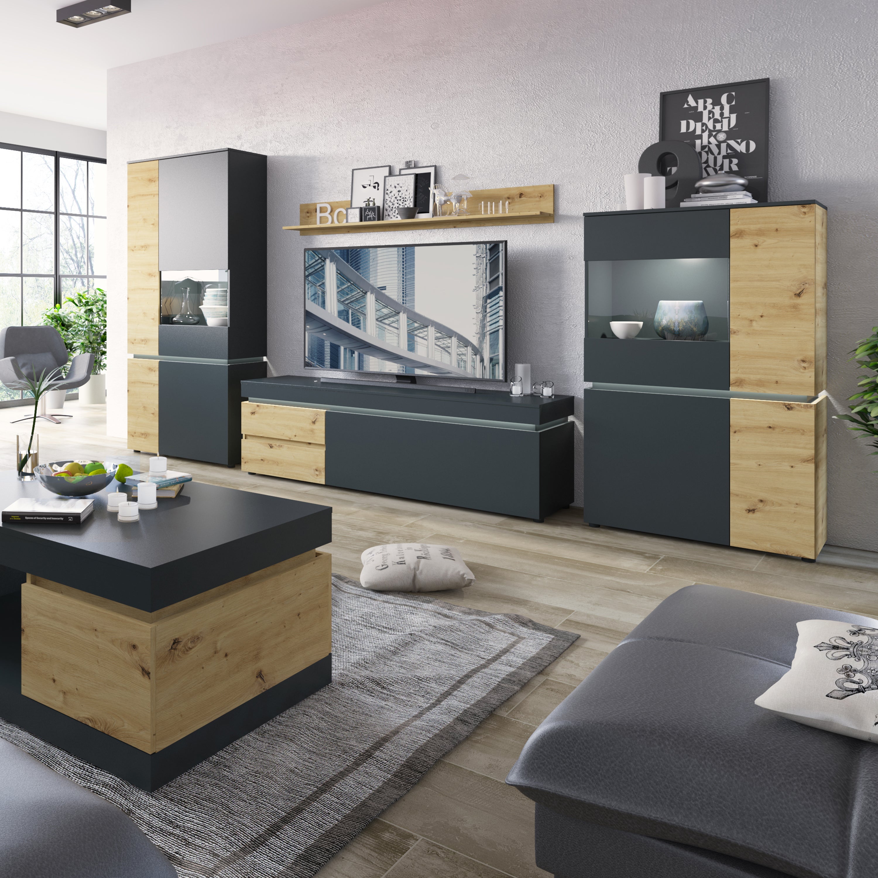 Luci 6 Door Cabinet (including LED lighting) in Platinum and Oak – FTG, view 3
