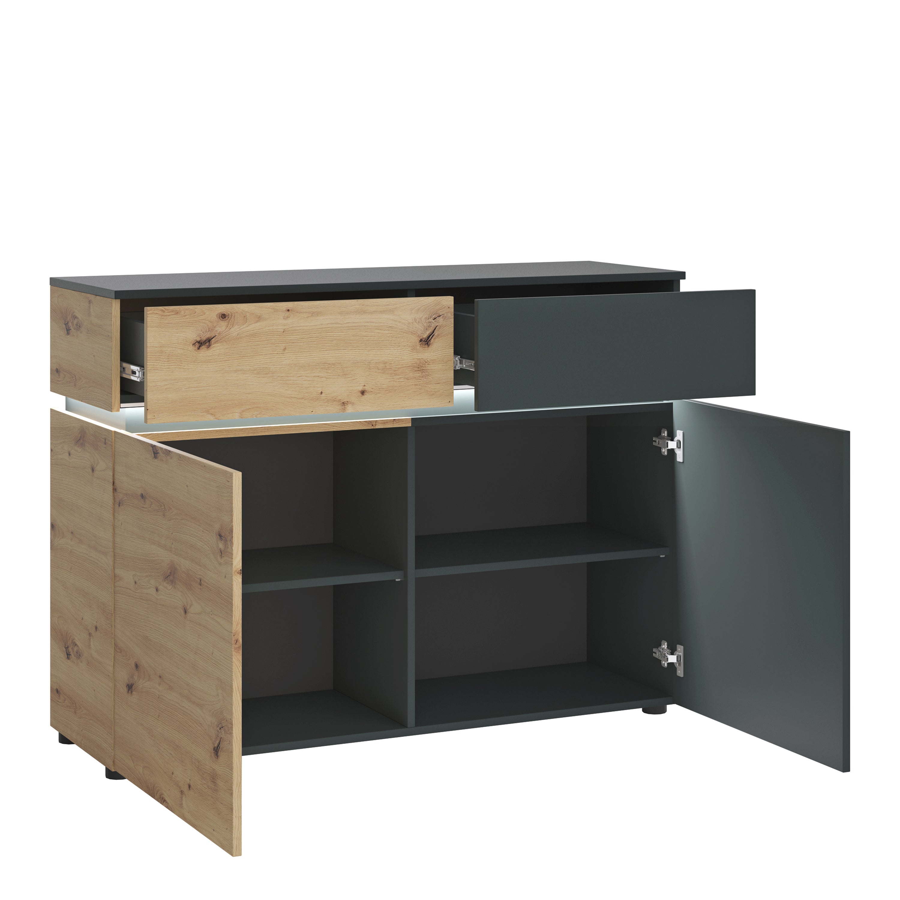 Luci 2 Door 2 Drawer Cabinet (including LED lighting) in Platinum and Oak – FTG, view 2