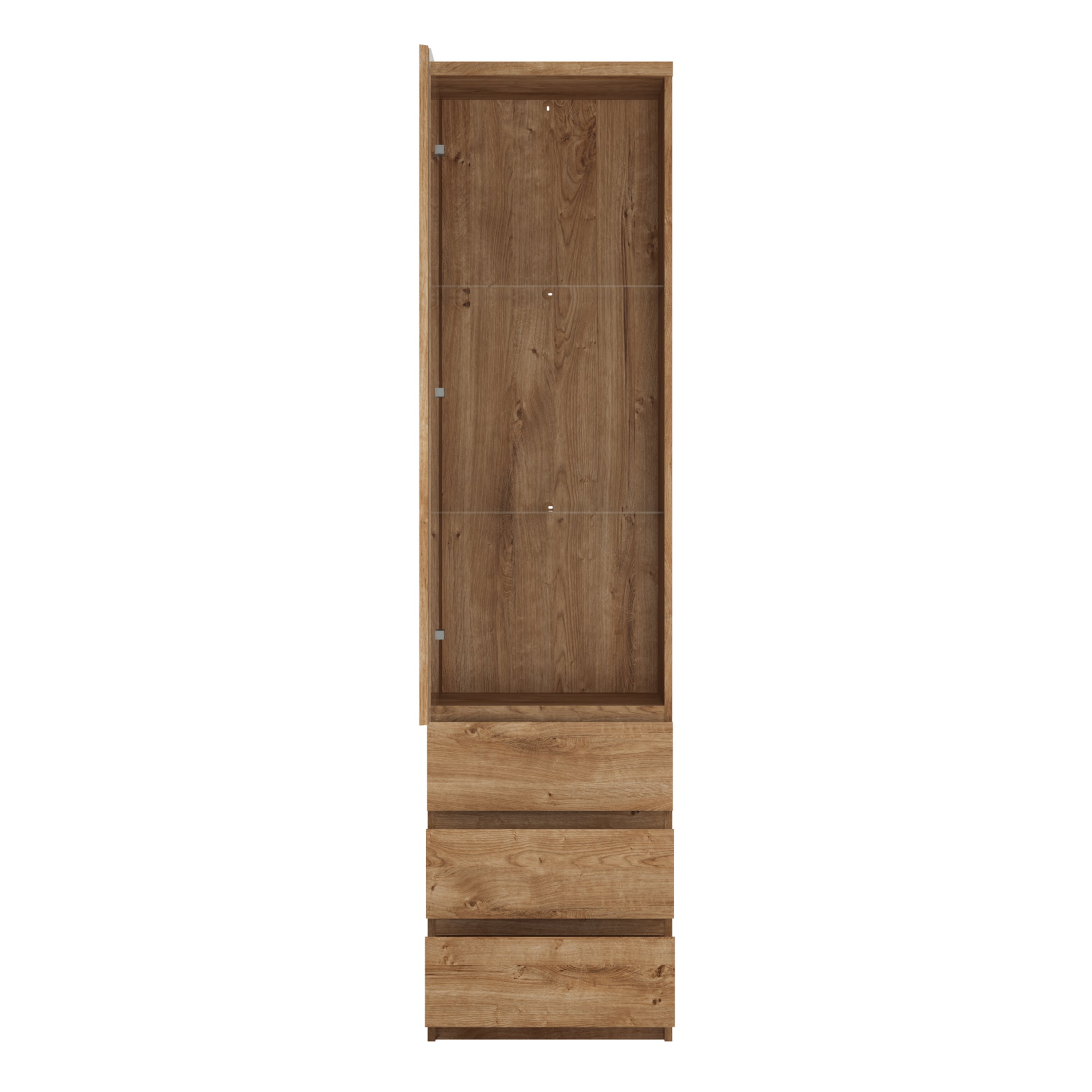 Fribo Tall Narrow 1 Door 3 Drawer Glazed Display Cabinet in Oak – FTG, view 2