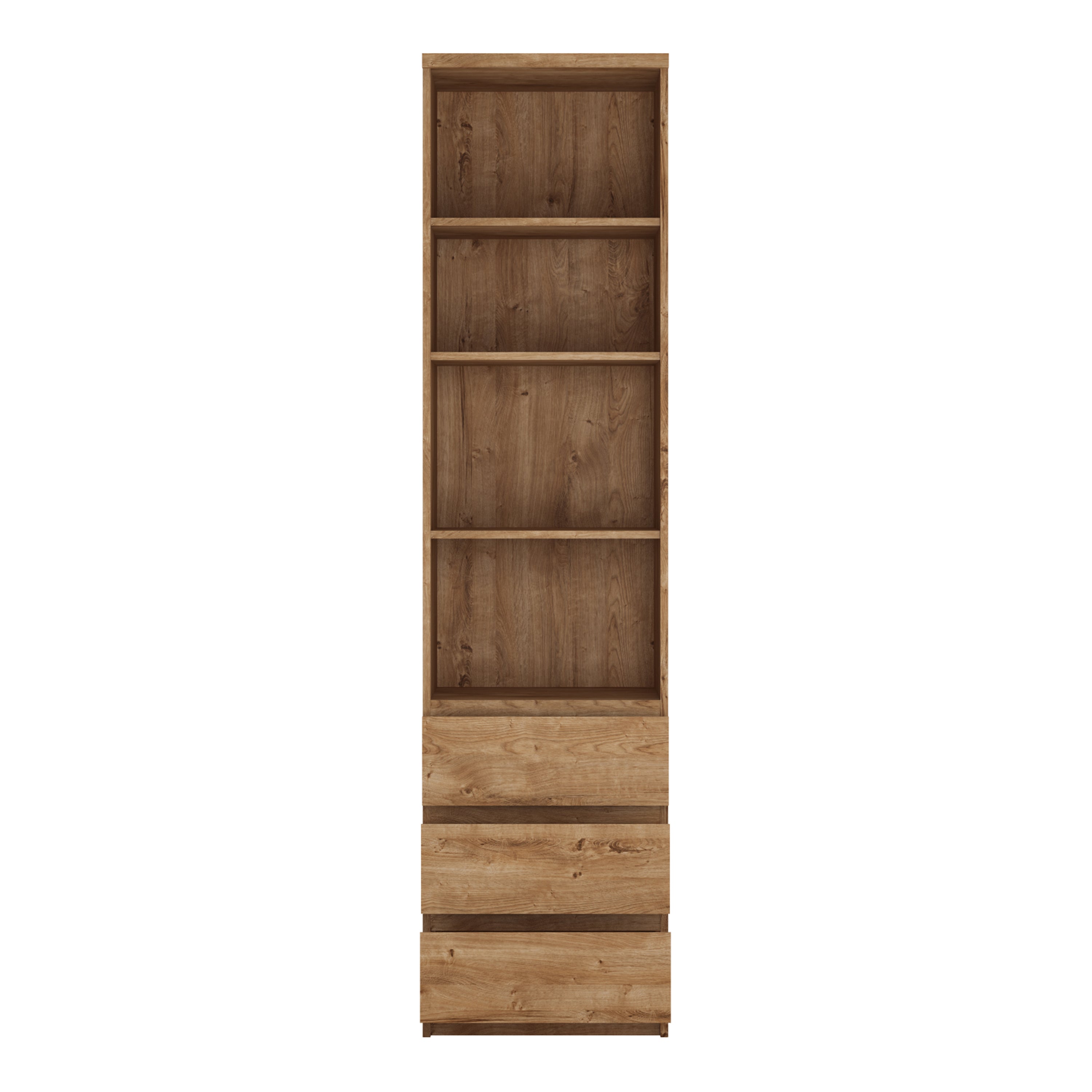 Fribo Tall Narrow 3 Drawer Bookcase in Oak – FTG, view 2