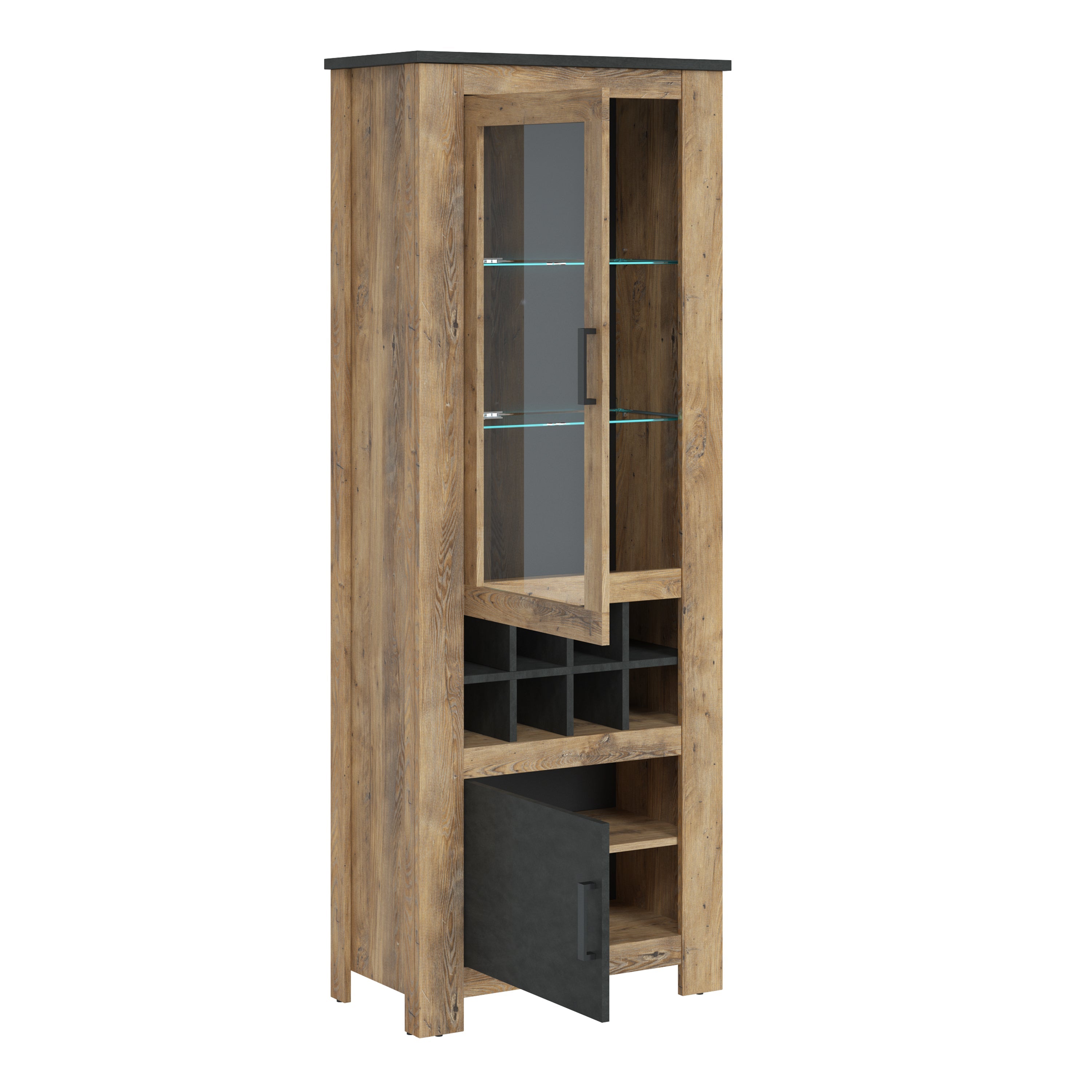 Rapallo 2 Door Display Cabinet with Wine Rack in Chestnut and Matera Grey – FTG, view 2