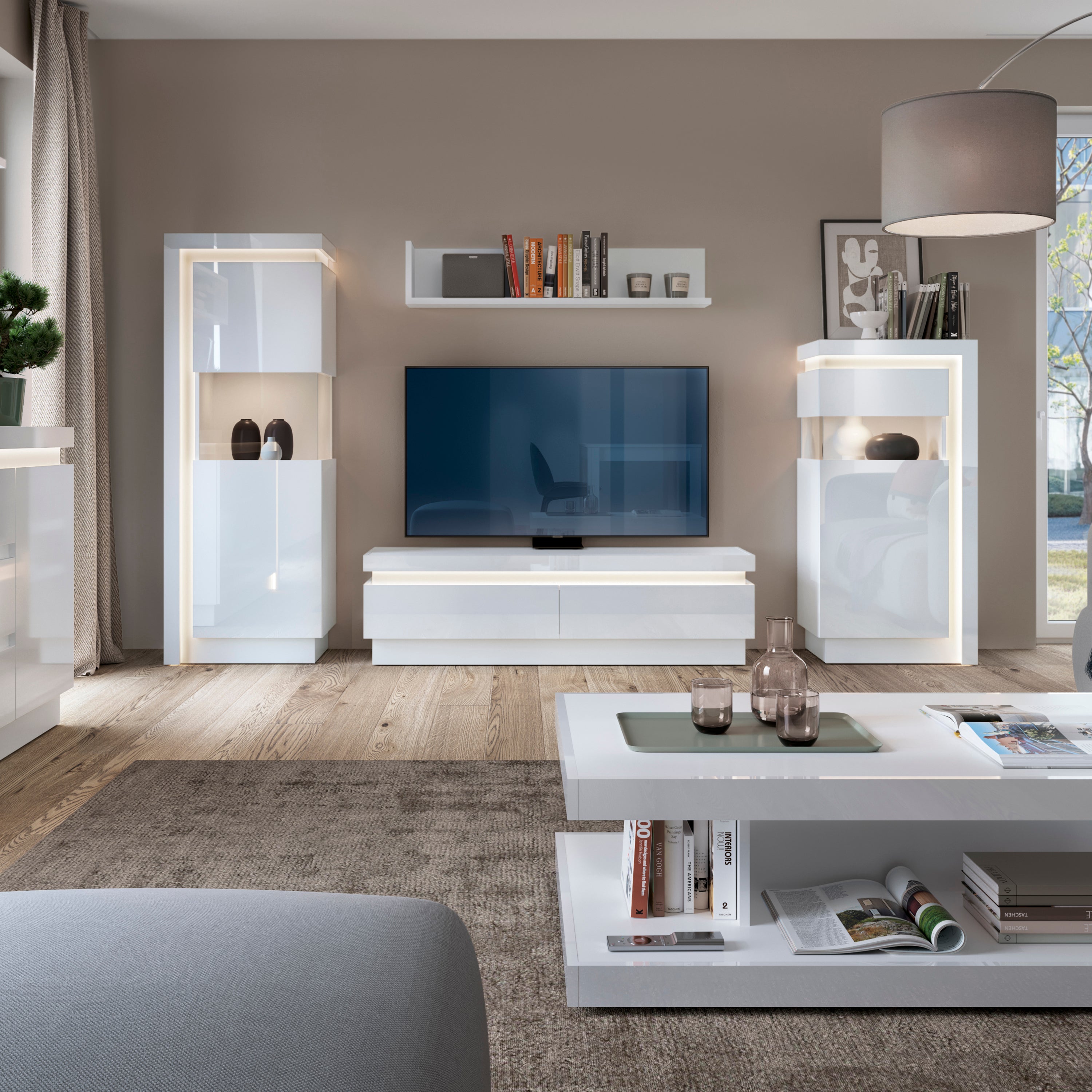 Lyon 2 Drawer TV Cabinet (including LED lighting) in White and High Gloss – FTG, view 3