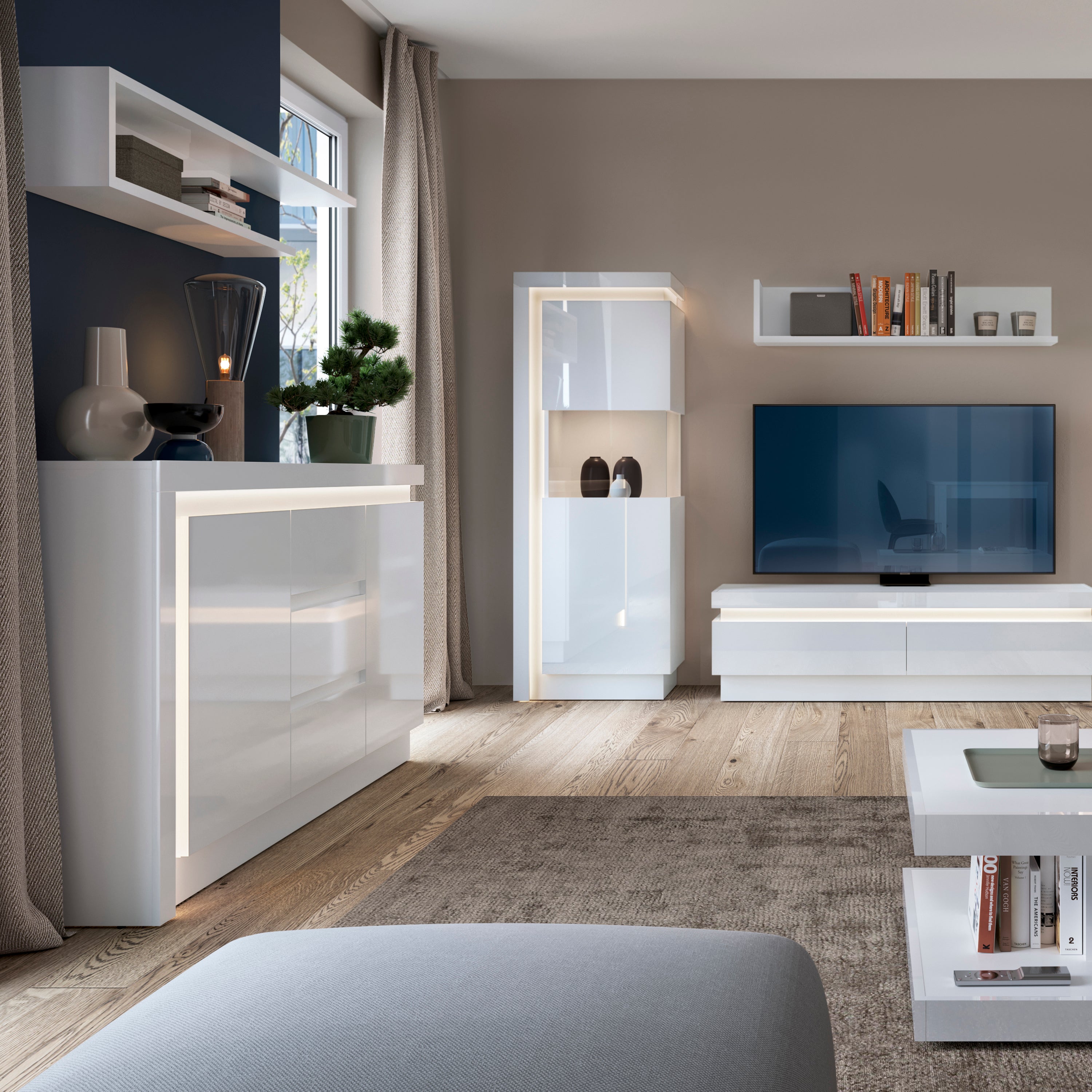 Lyon 2 Door 3 Drawer Sideboard (including LED lighting) in White and High Gloss – FTG, view 4