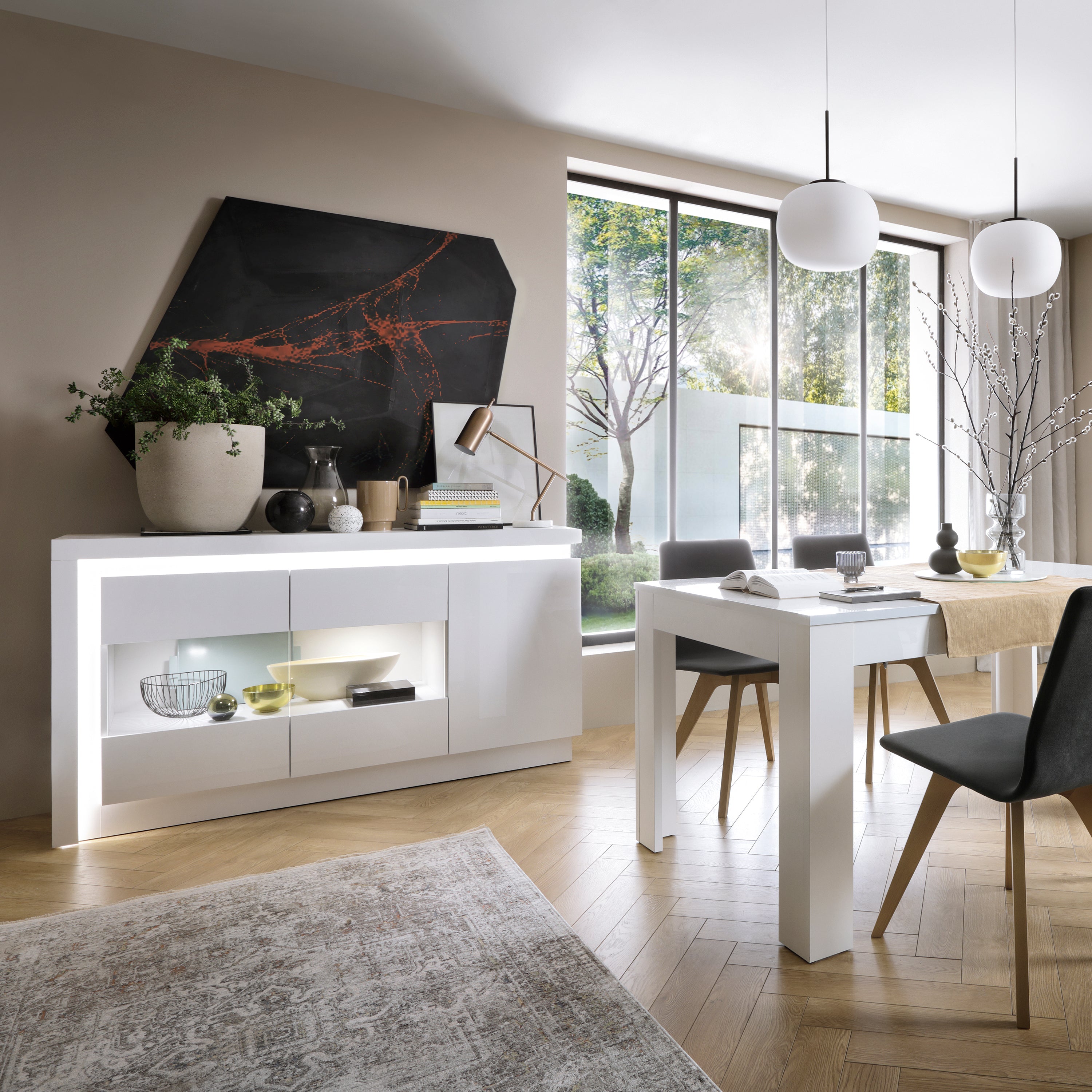Lyon 3 Door Glazed Sideboard (including LED lighting) in White and High Gloss – FTG, view 3