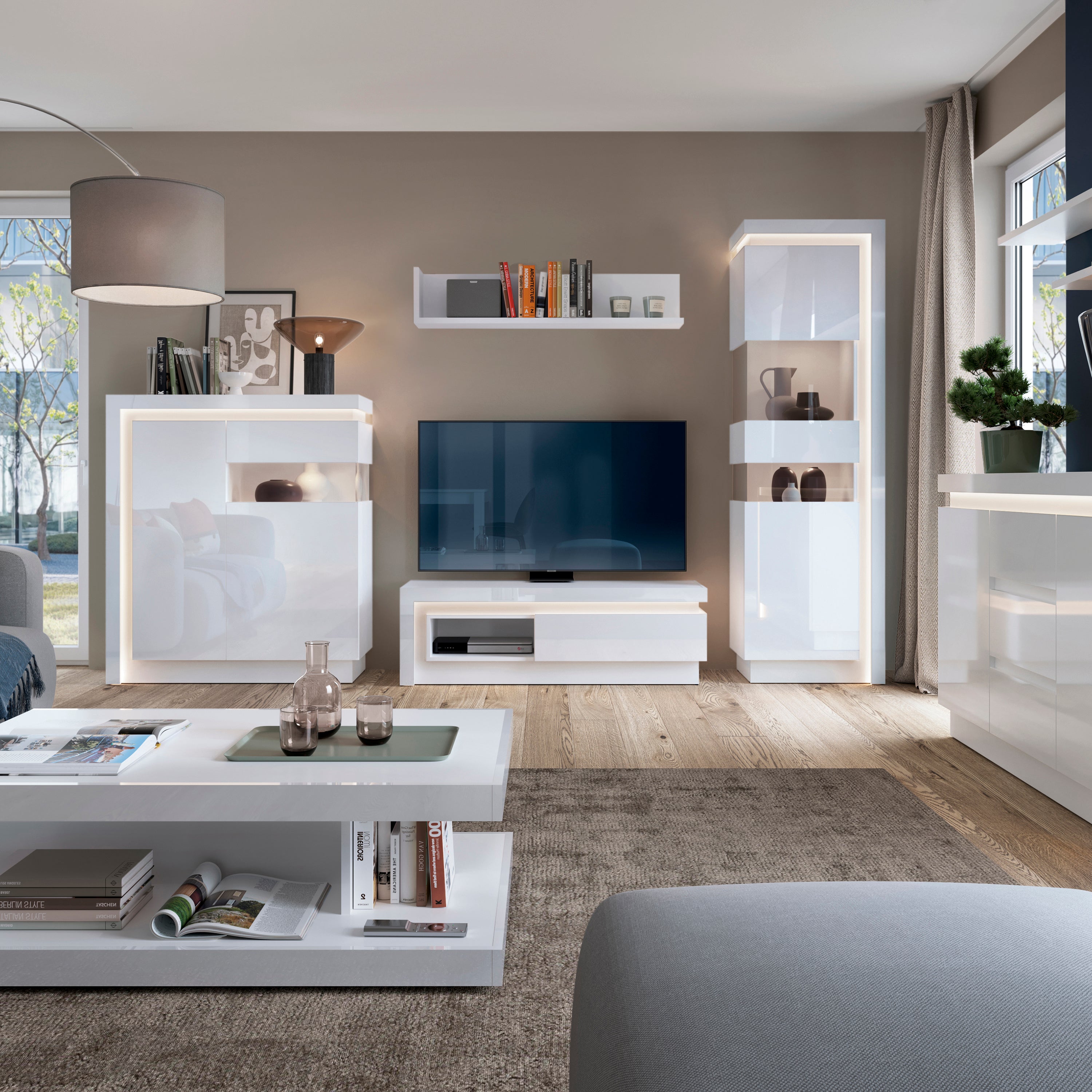 Lyon Tall Narrow Display Cabinet (LHD) (including LED lighting) in White and High Gloss – FTG, view 3