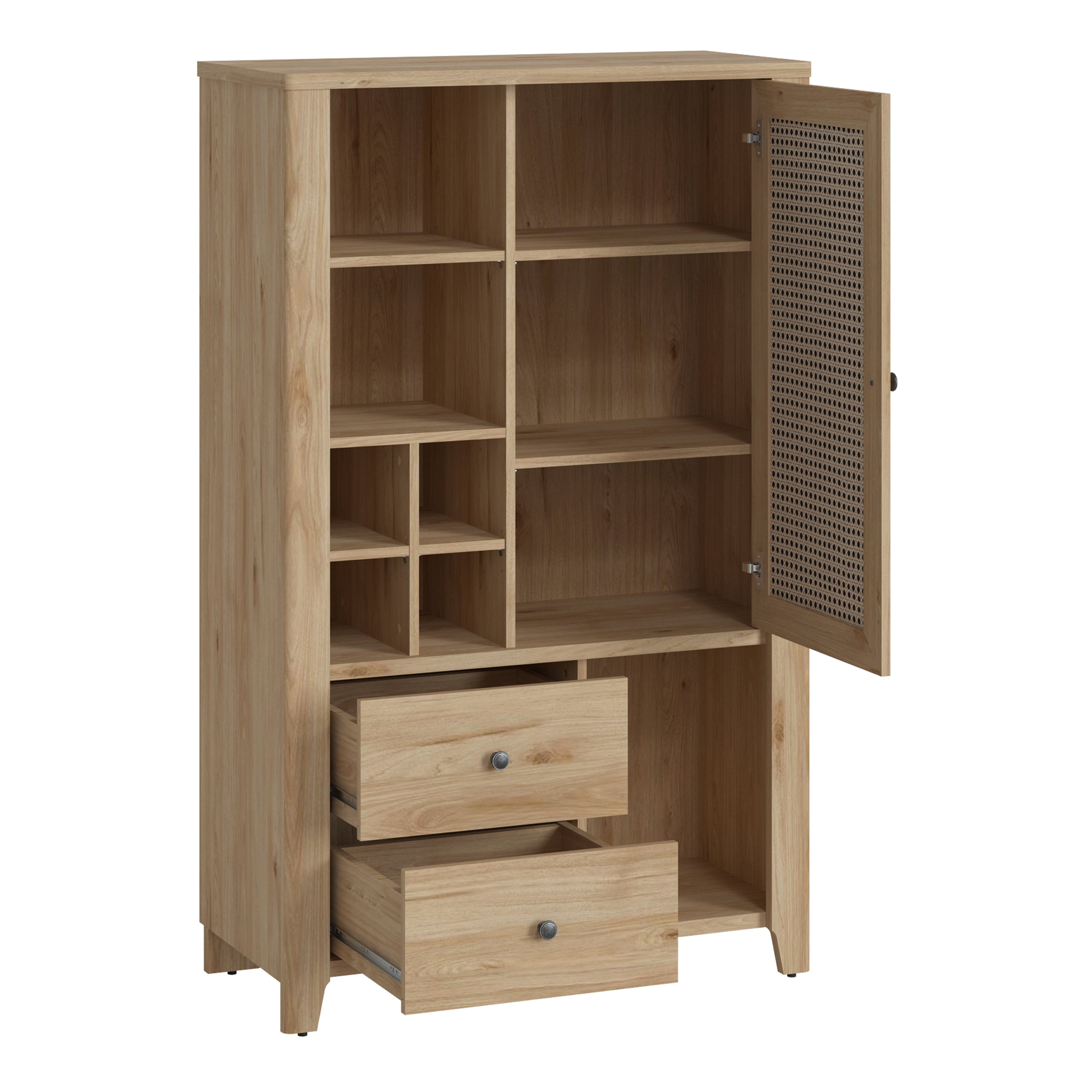 Cestino 1 Door 2 Drawer Cabinet in Jackson Hickory Oak and Rattan Effect – FTG, view 2