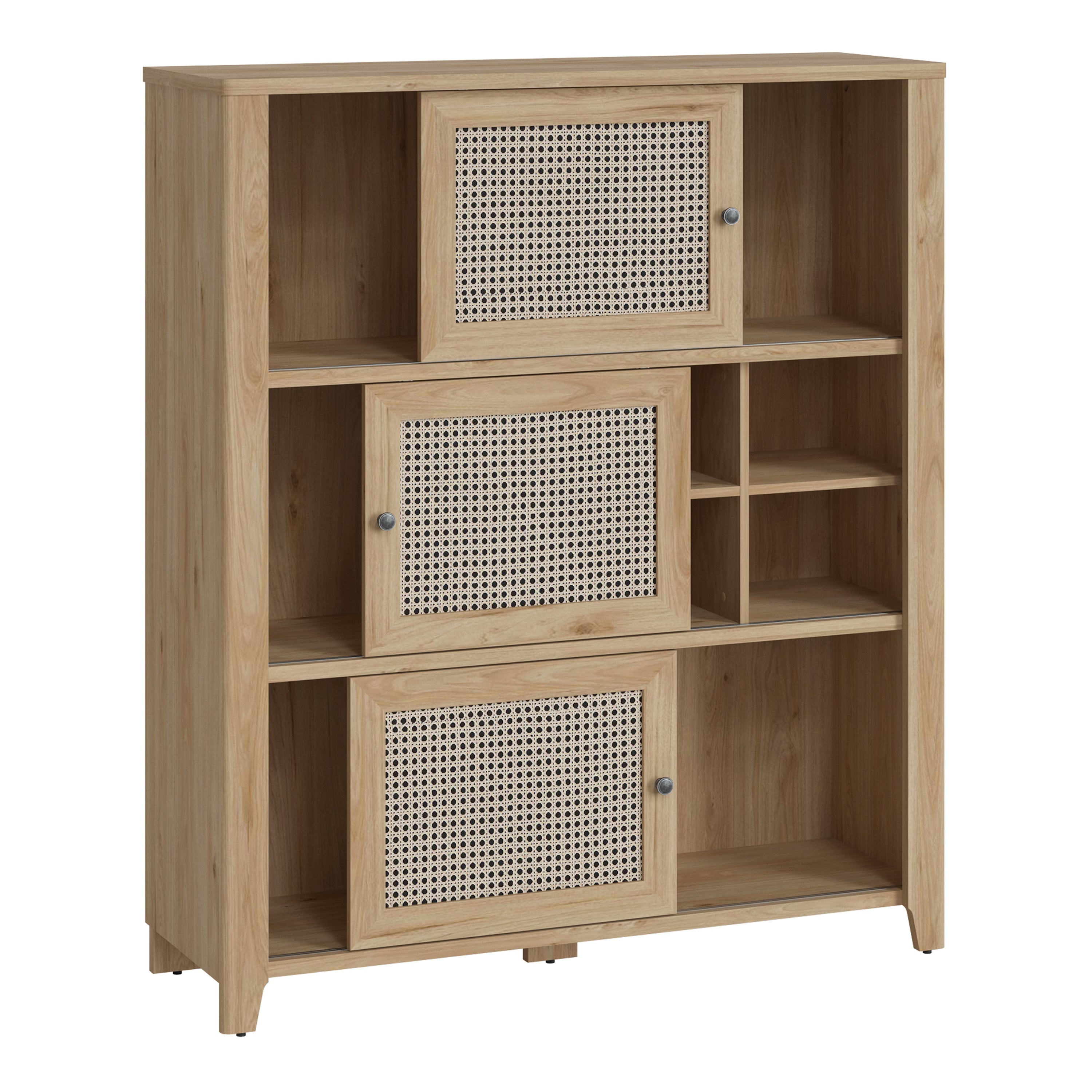 Cestino 3 Sliding Door Cabinet in Jackson Hickory Oak and Rattan Effect – FTG, view 2