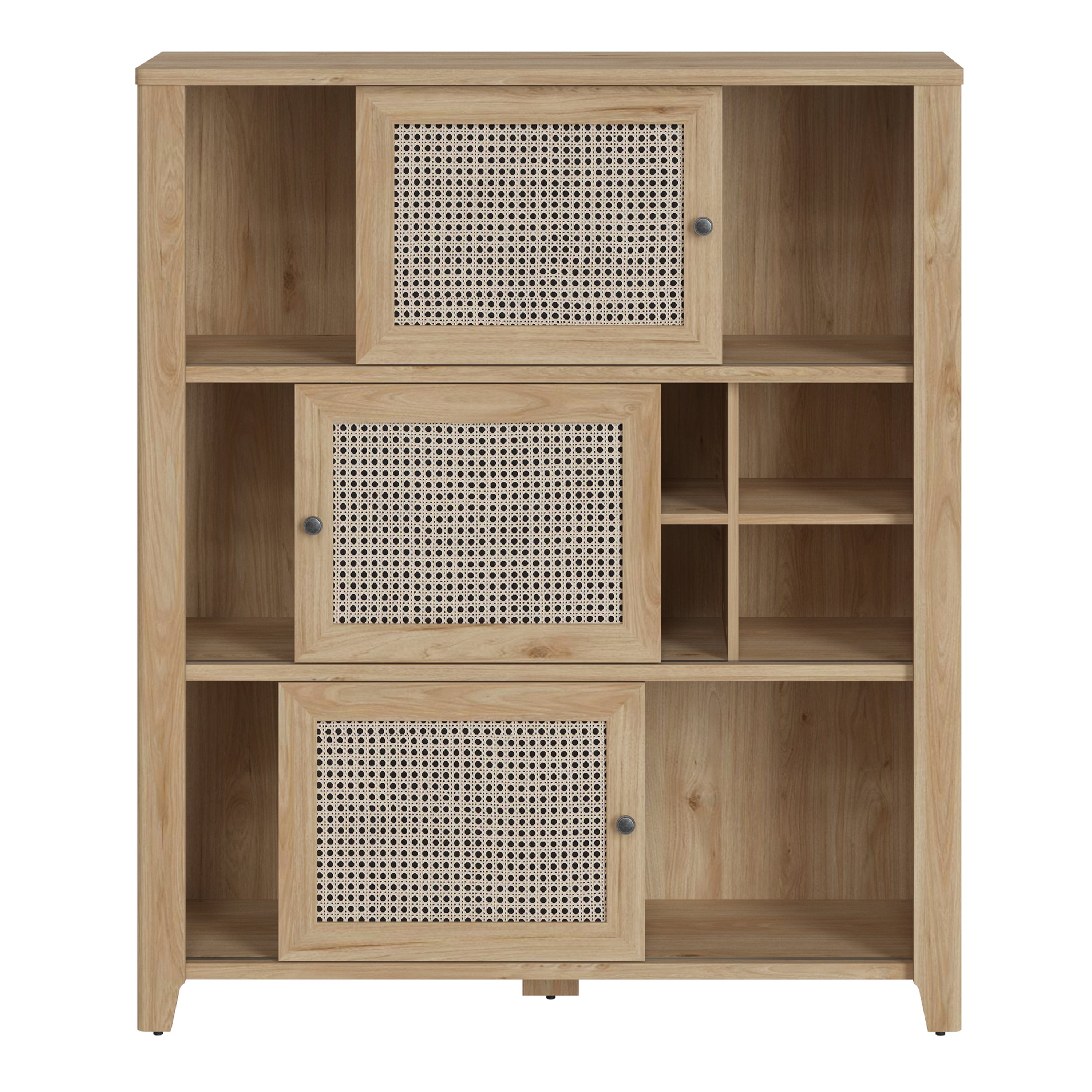 Cestino 3 Sliding Door Cabinet in Jackson Hickory Oak and Rattan Effect – FTG, view 3