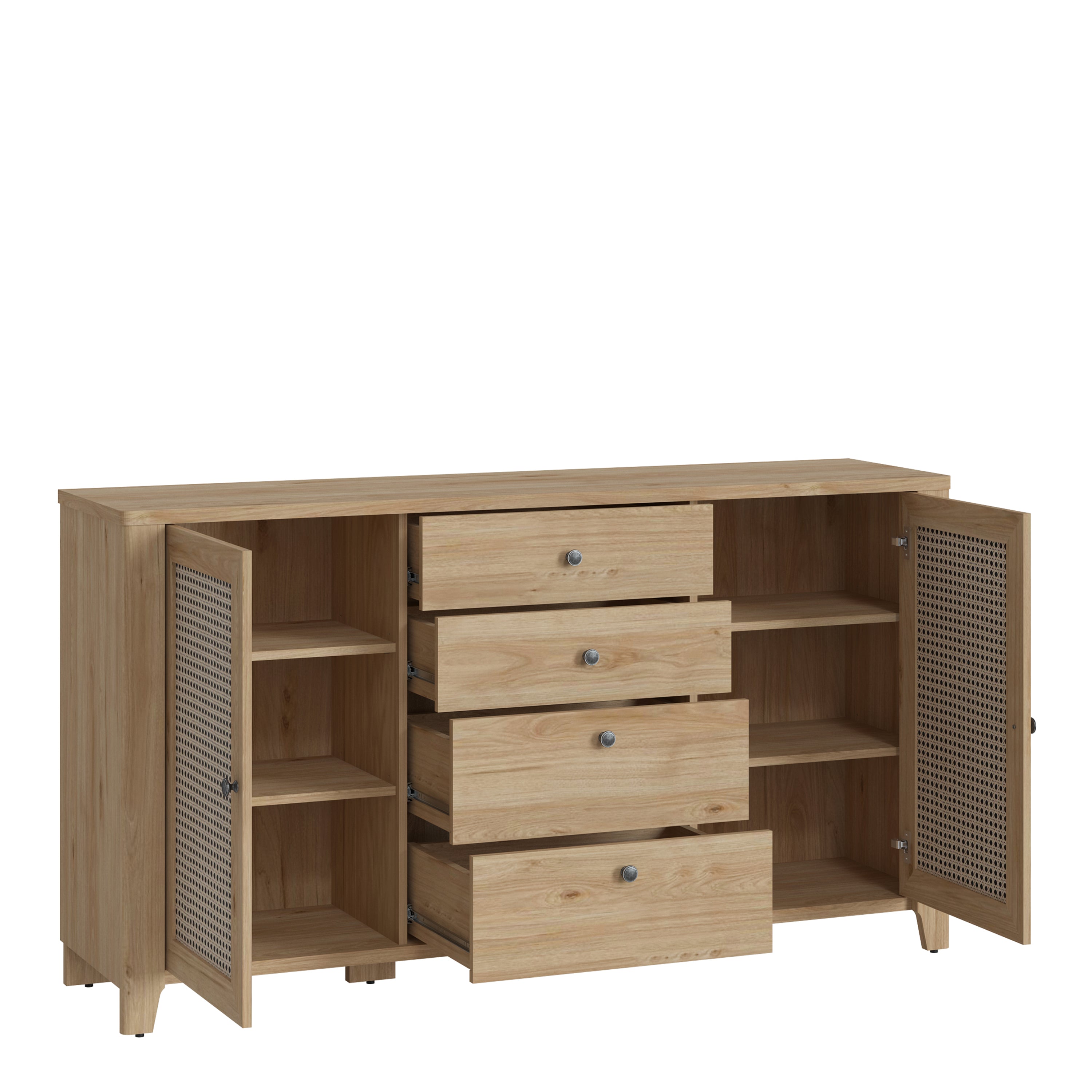 Cestino 2 Door 4 Drawer Sideboard in Jackson Hickory Oak and Rattan Effect – FTG, view 2