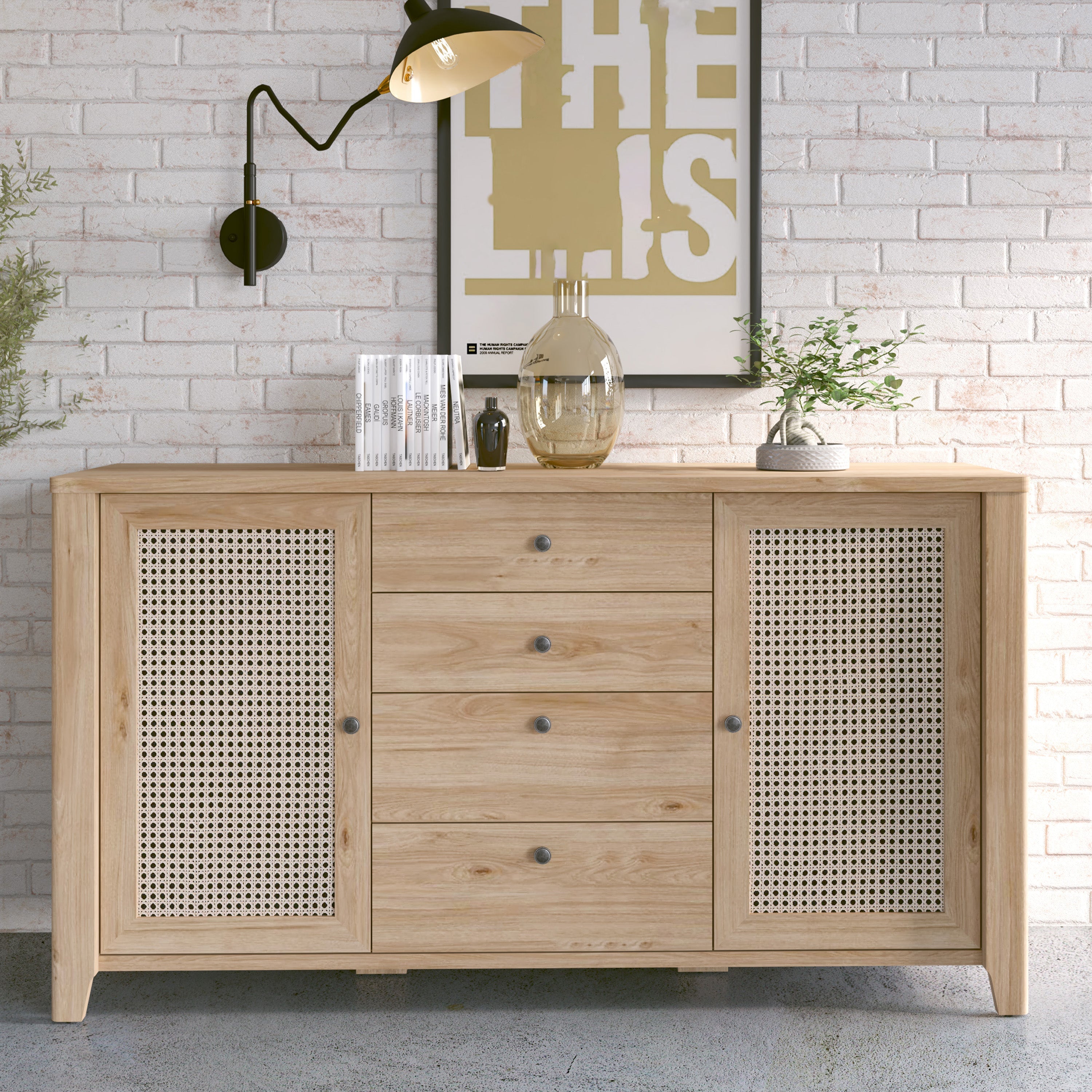 Cestino 2 Door 4 Drawer Sideboard in Jackson Hickory Oak and Rattan Effect – FTG, view 4