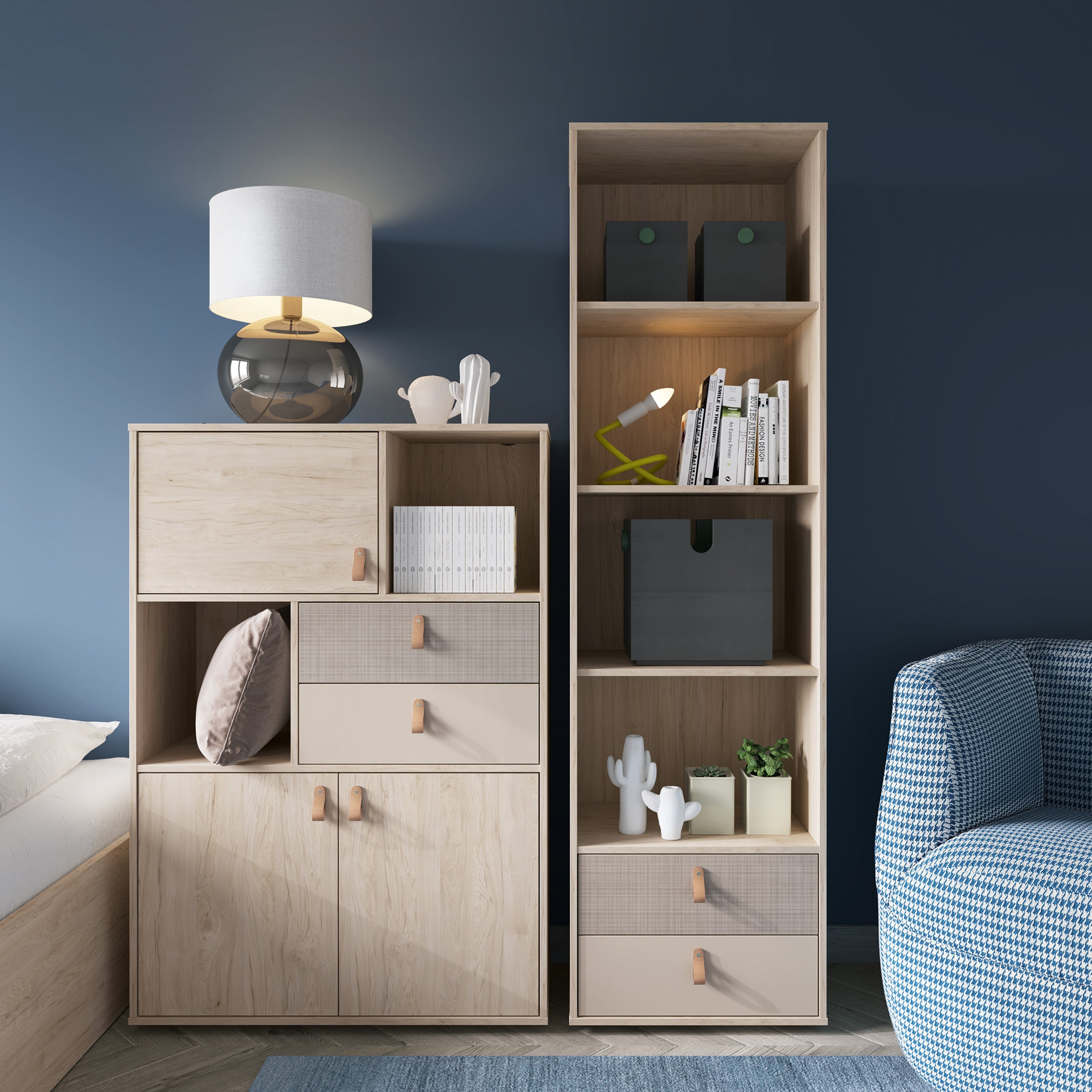 Denim 3 Door 2 Drawer Cabinet in Light Walnut, Grey Fabric Effect and Cashmere – FTG, view 4