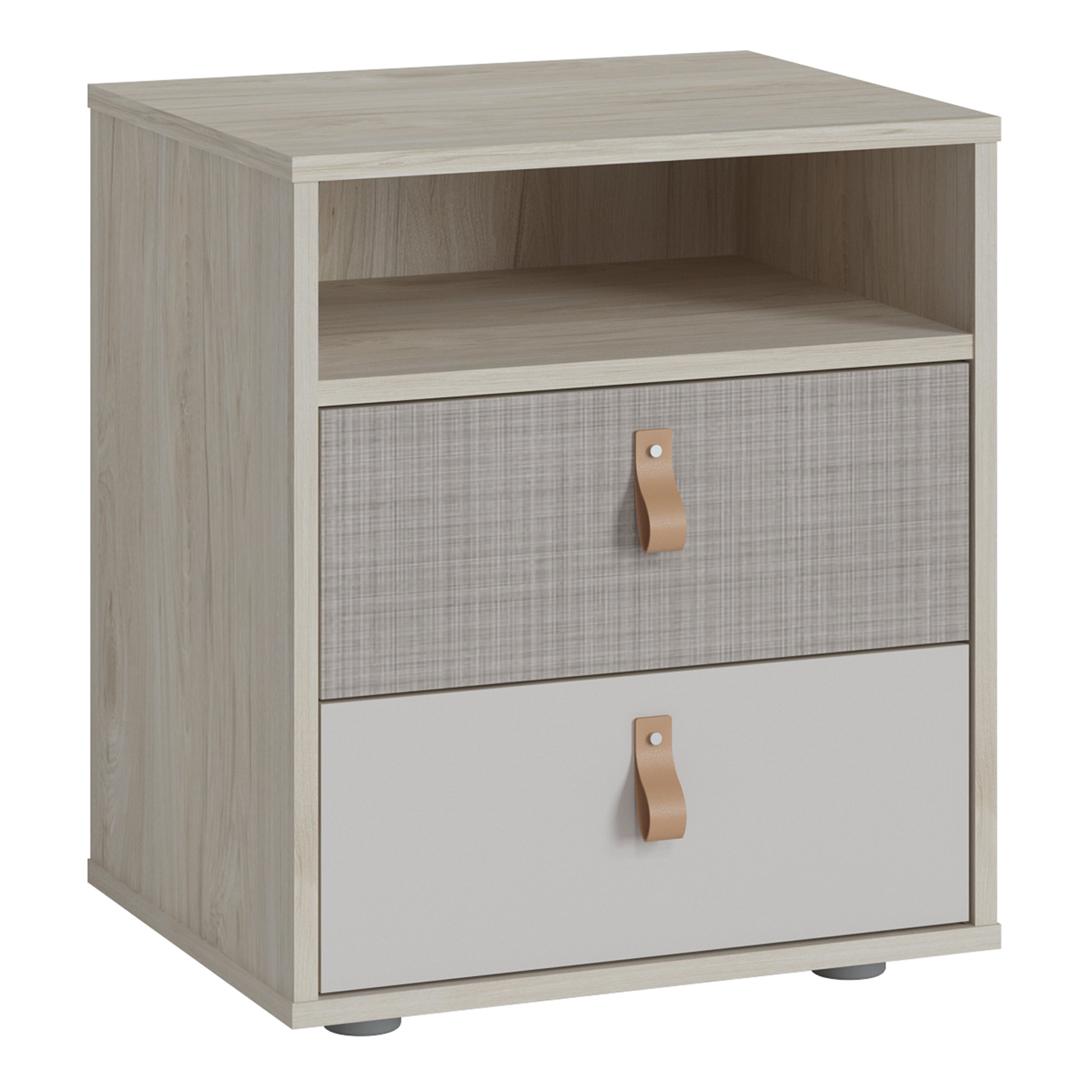 Denim 2 Drawer Bedside Cabinet in Light Walnut, Grey Fabric Effect and Cashmere – FTG