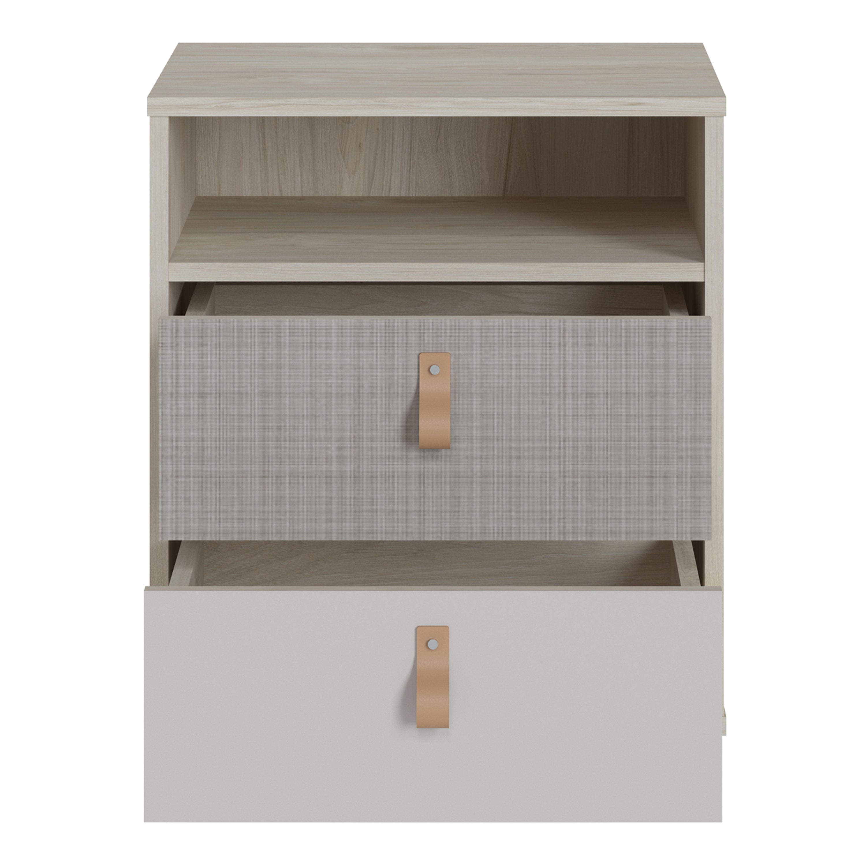 Denim 2 Drawer Bedside Cabinet in Light Walnut, Grey Fabric Effect and Cashmere – FTG, view 2