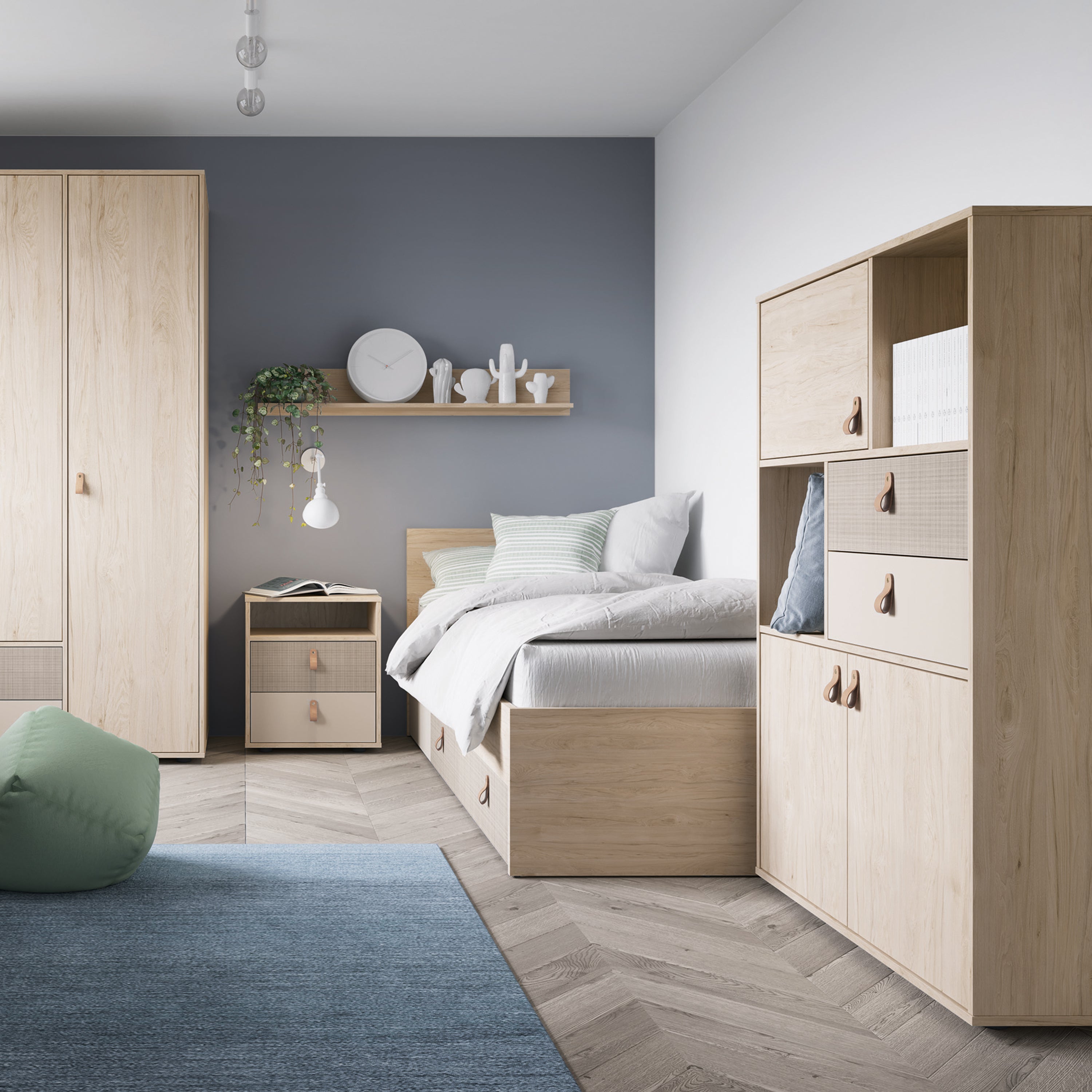 Denim 2 Drawer Bedside Cabinet in Light Walnut, Grey Fabric Effect and Cashmere – FTG, view 3