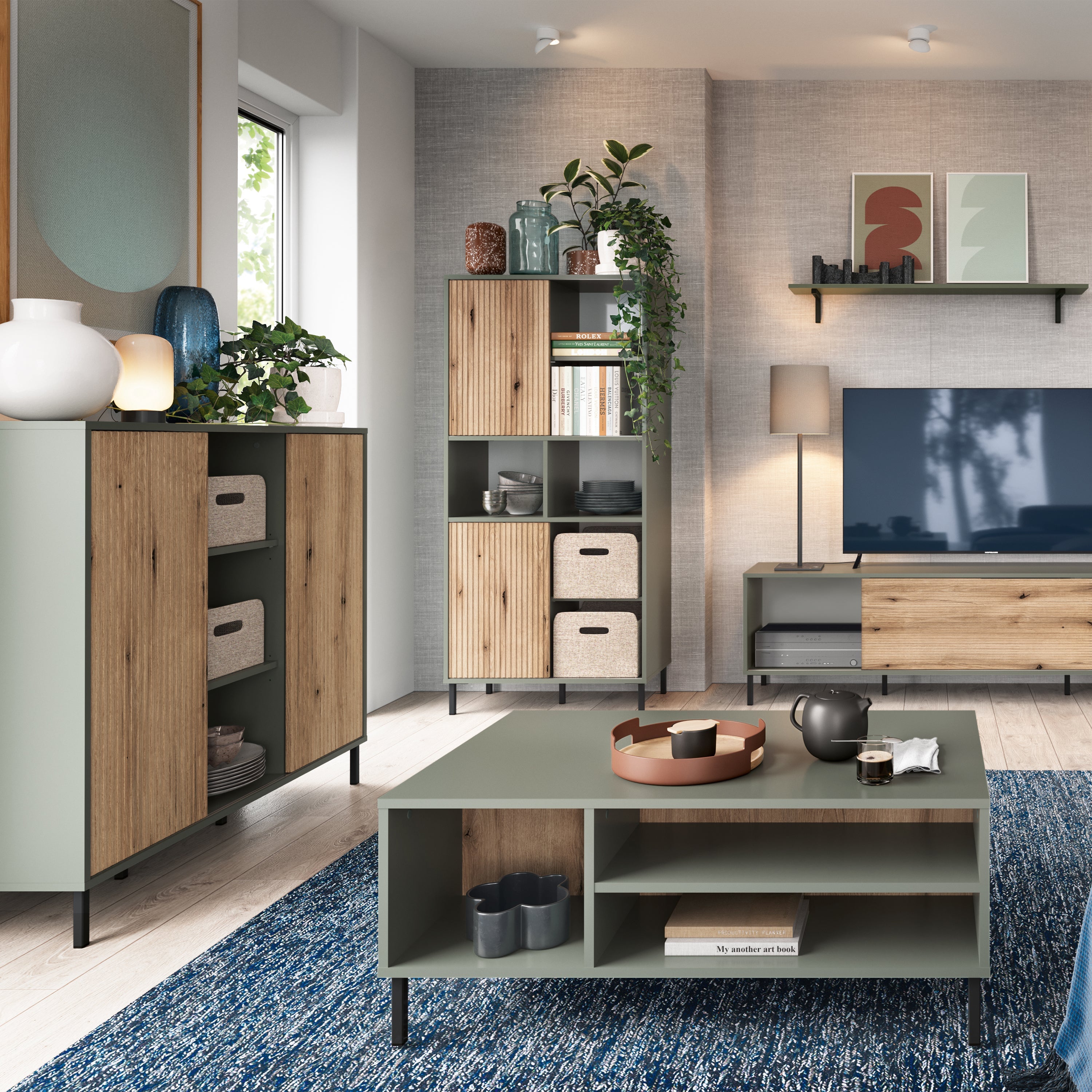 Darwin Sideboard 2 Door in Green/Oak – FTG, view 4
