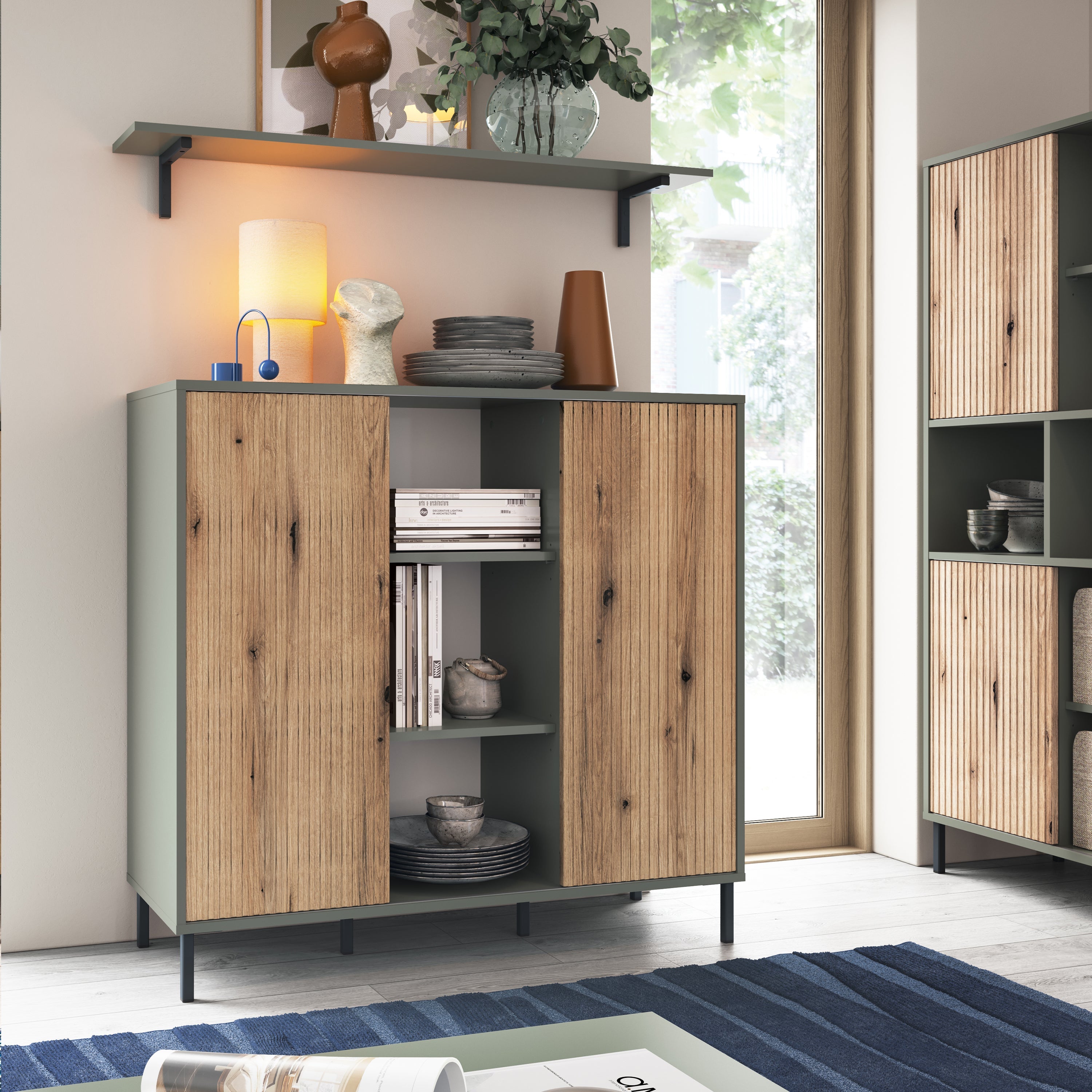 Darwin Bookcase 2 Door in Green/Oak – FTG, view 4