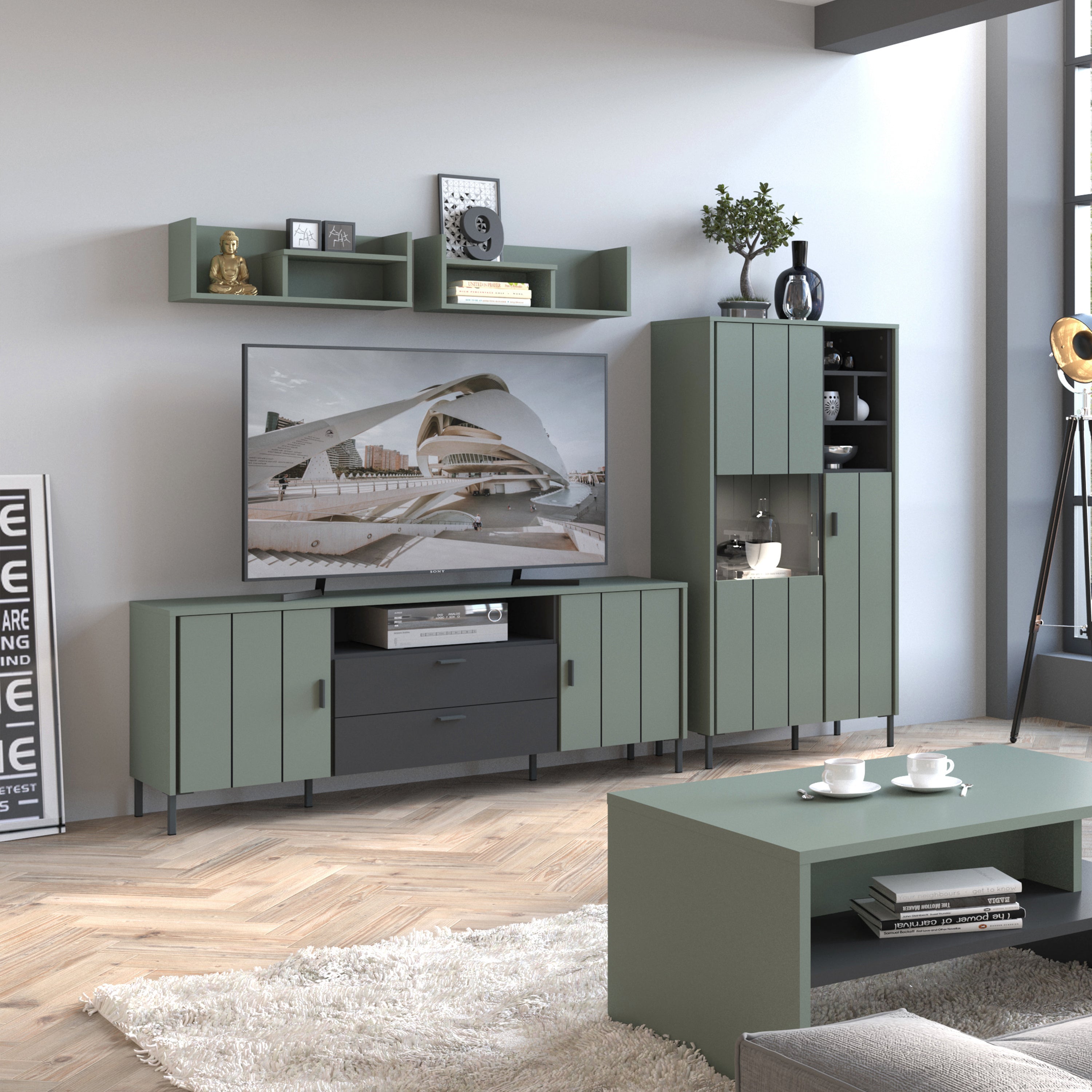 Arundel TV Cabinet 2 Door 2 Drawer 173cm wide 65cm High in Green/Grey – FTG, view 3