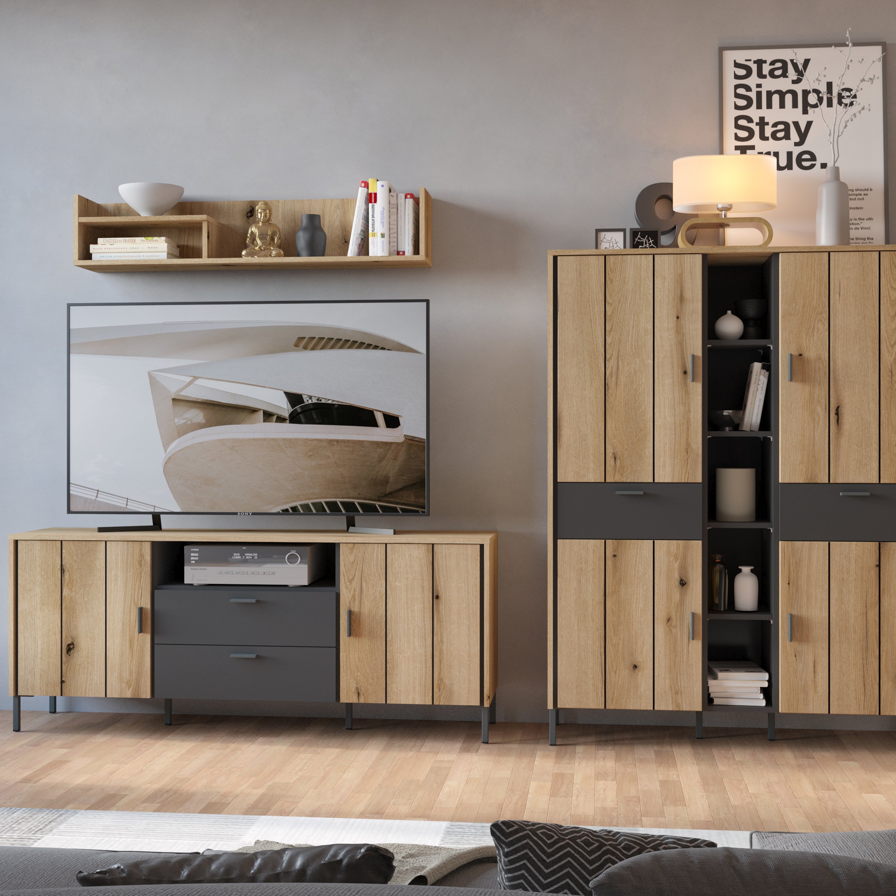Arundel TV Cabinet 2 Door 2 Drawer 158cm Wide in Oak/Grey – FTG, view 4